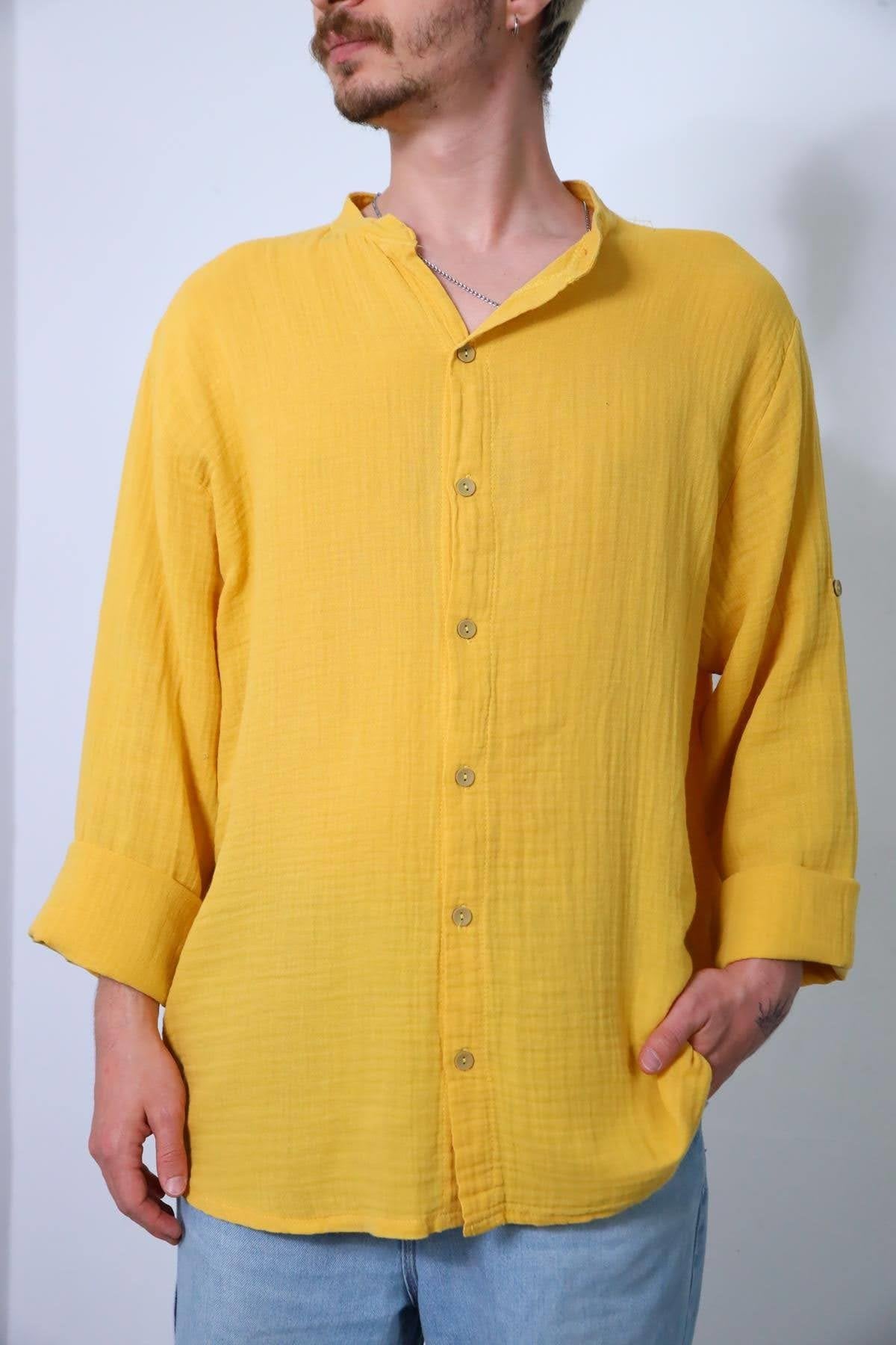 Yellow Mandarin Collar Muslin Shirt