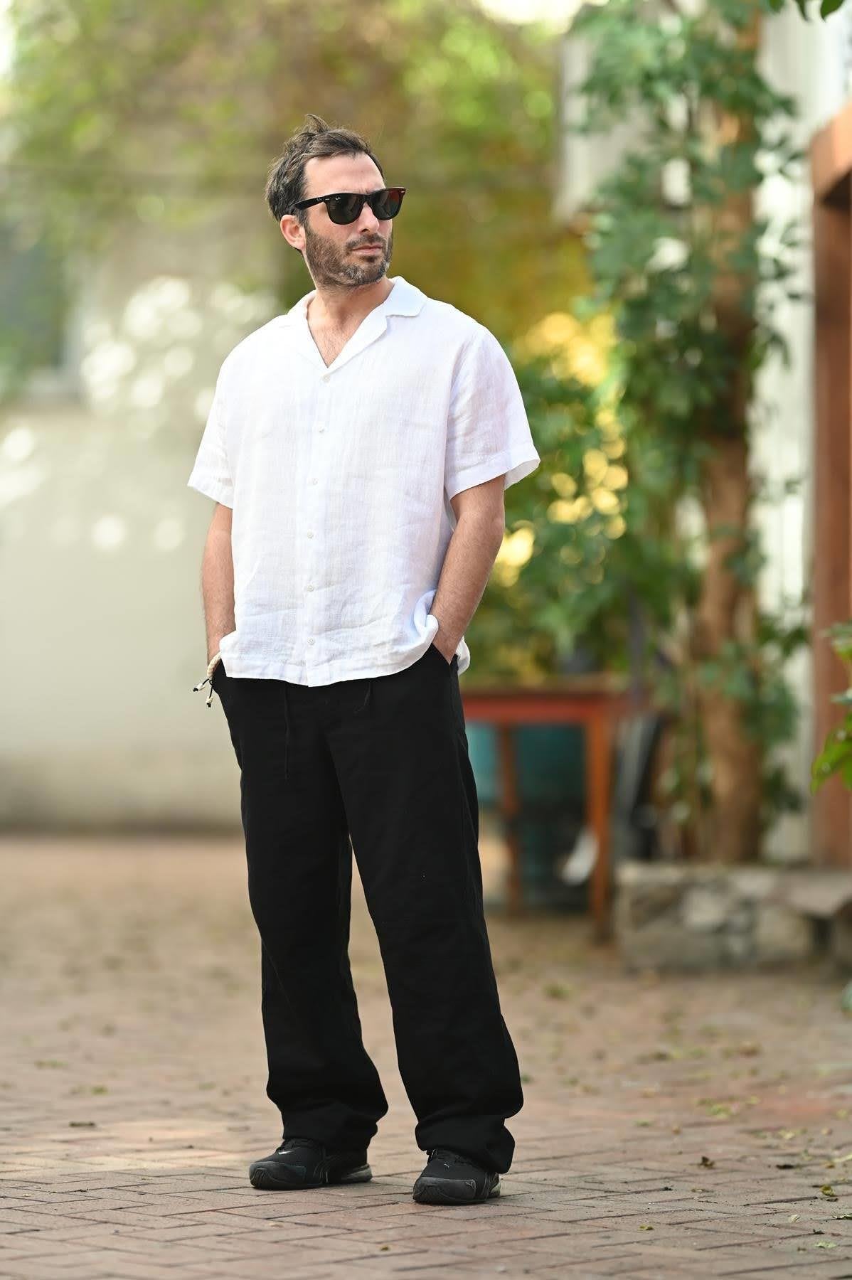 White Blazer Collar Short Sleeve Linen Men's Shirt