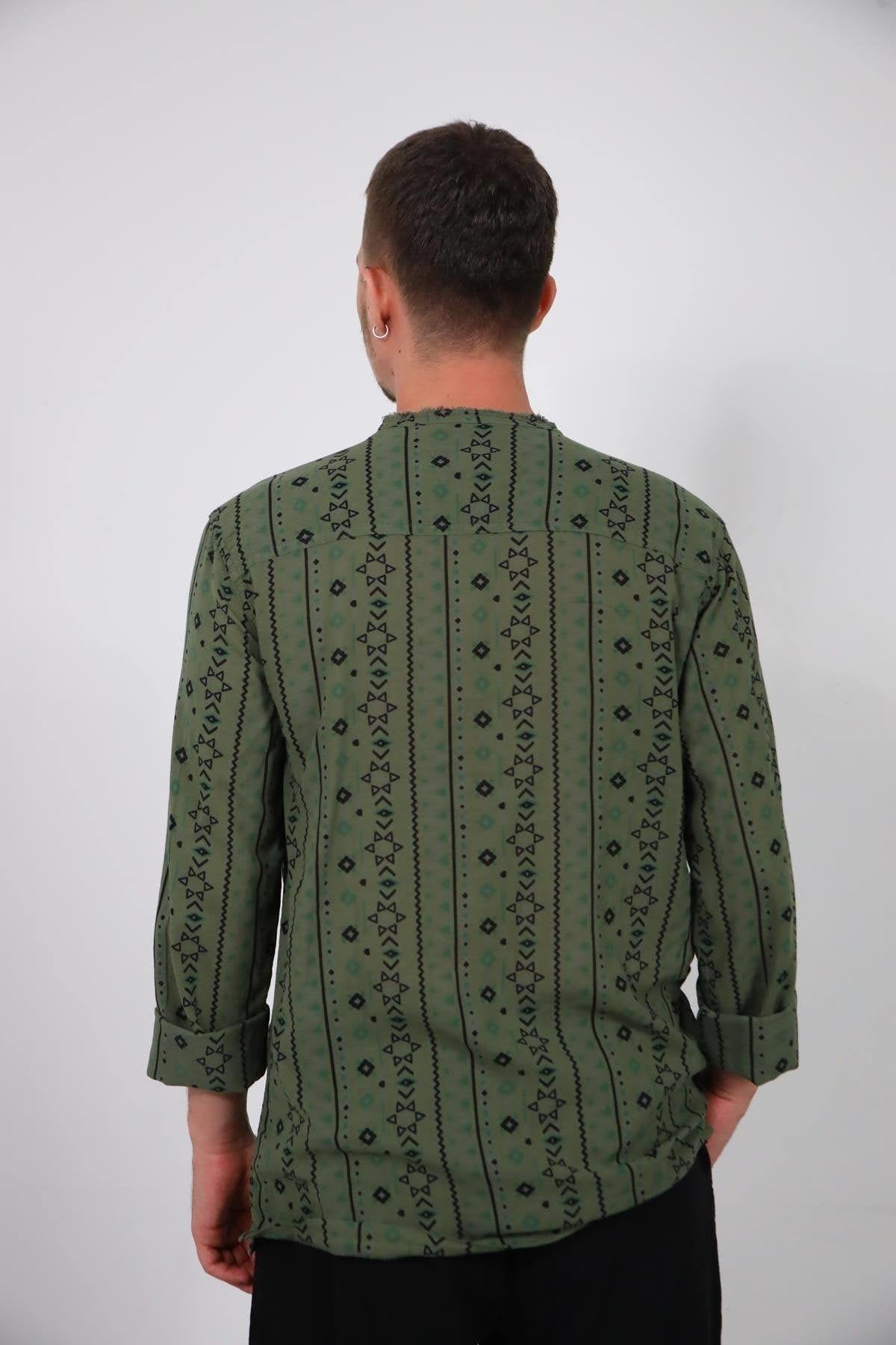 Khaki Lace-Up Collar Printed Men's Shirt