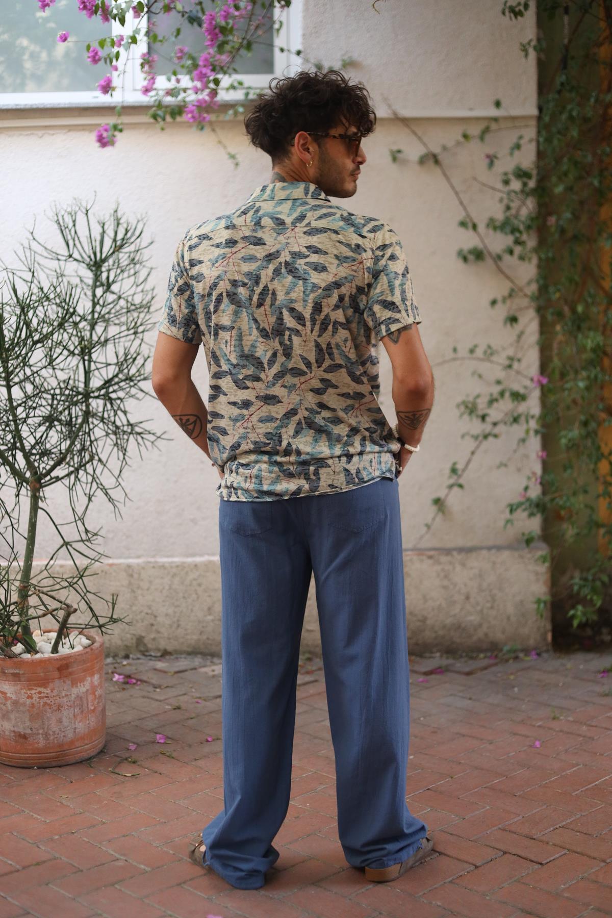 Light Khaki Leaf Patterned Men's Shirt