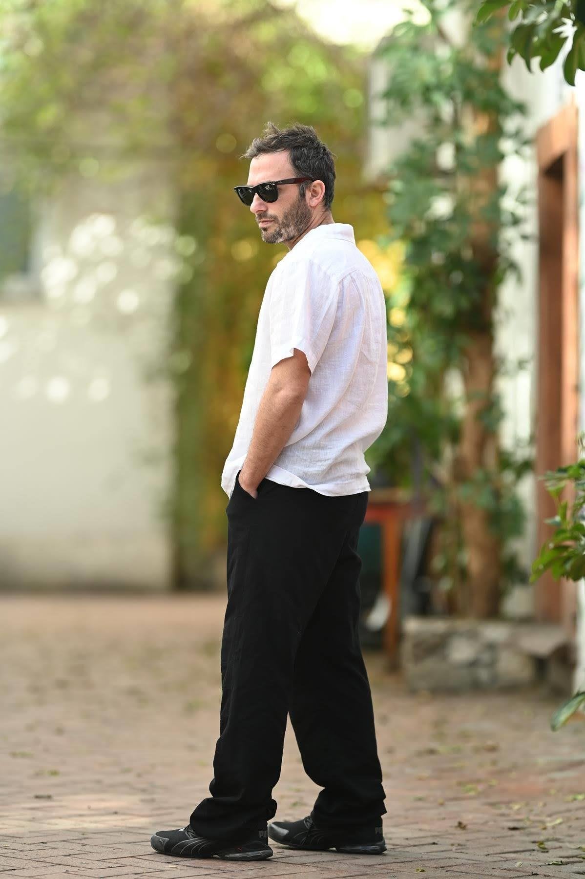 White Blazer Collar Short Sleeve Linen Men's Shirt