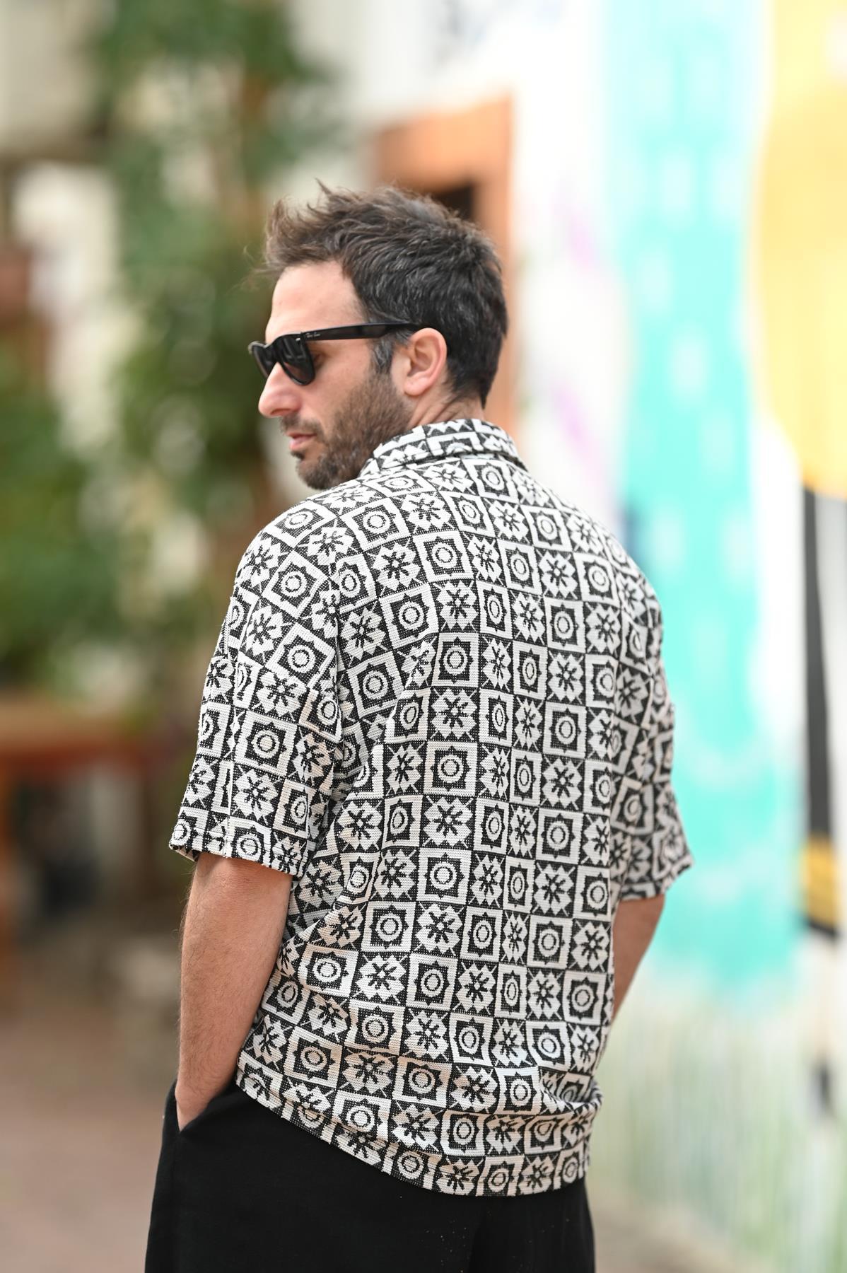 Black and White Patterned Short Sleeve Bohemian Shirt