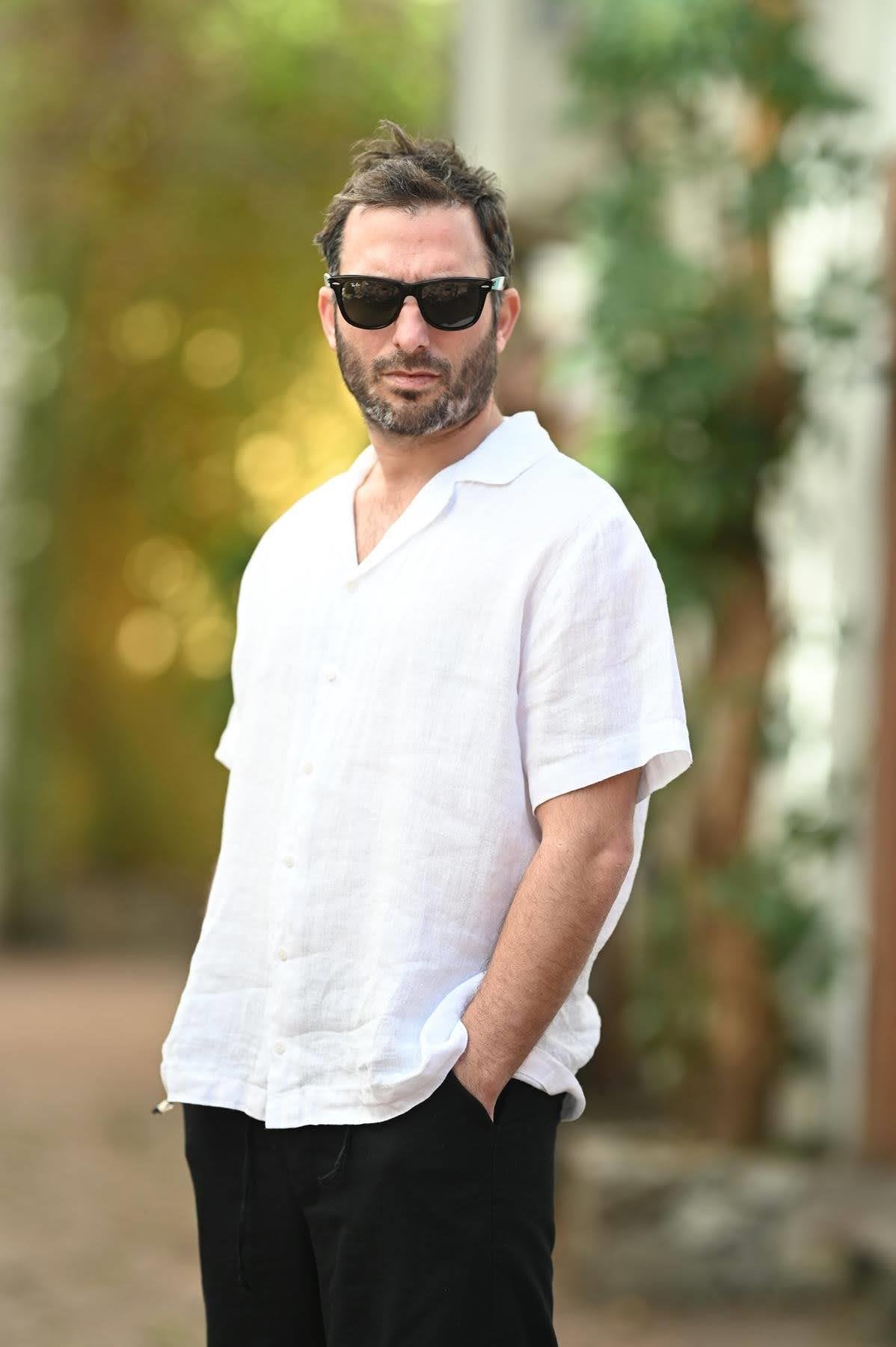 White Blazer Collar Short Sleeve Linen Men's Shirt