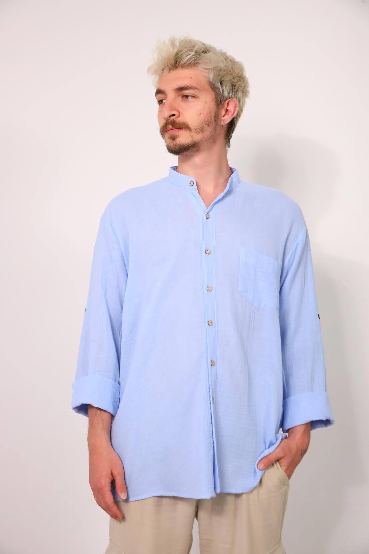 Blue Mandarin Collar Muslin Men's Shirt