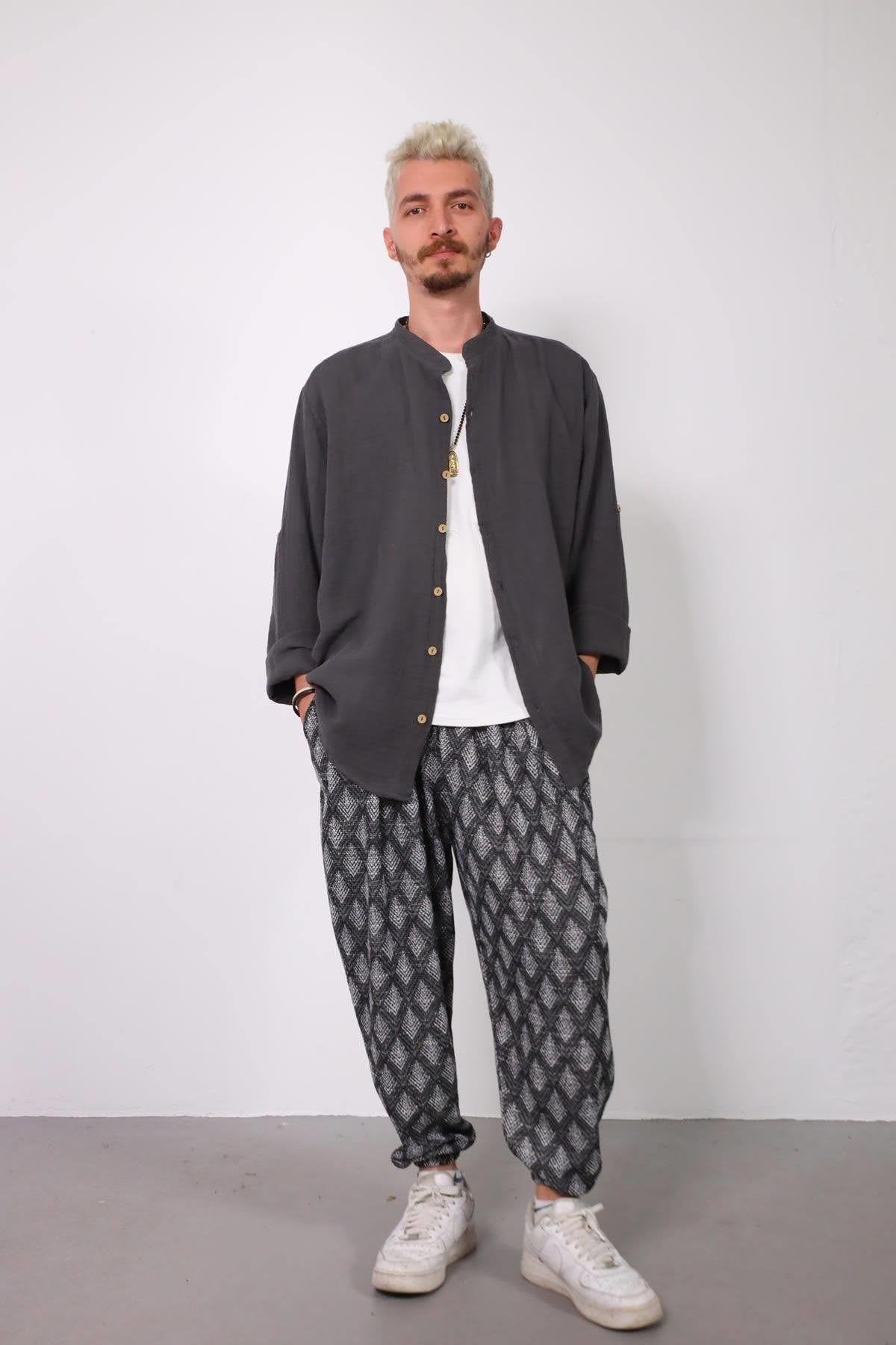 Anthracite Mandarin Collar Muslin Shirt