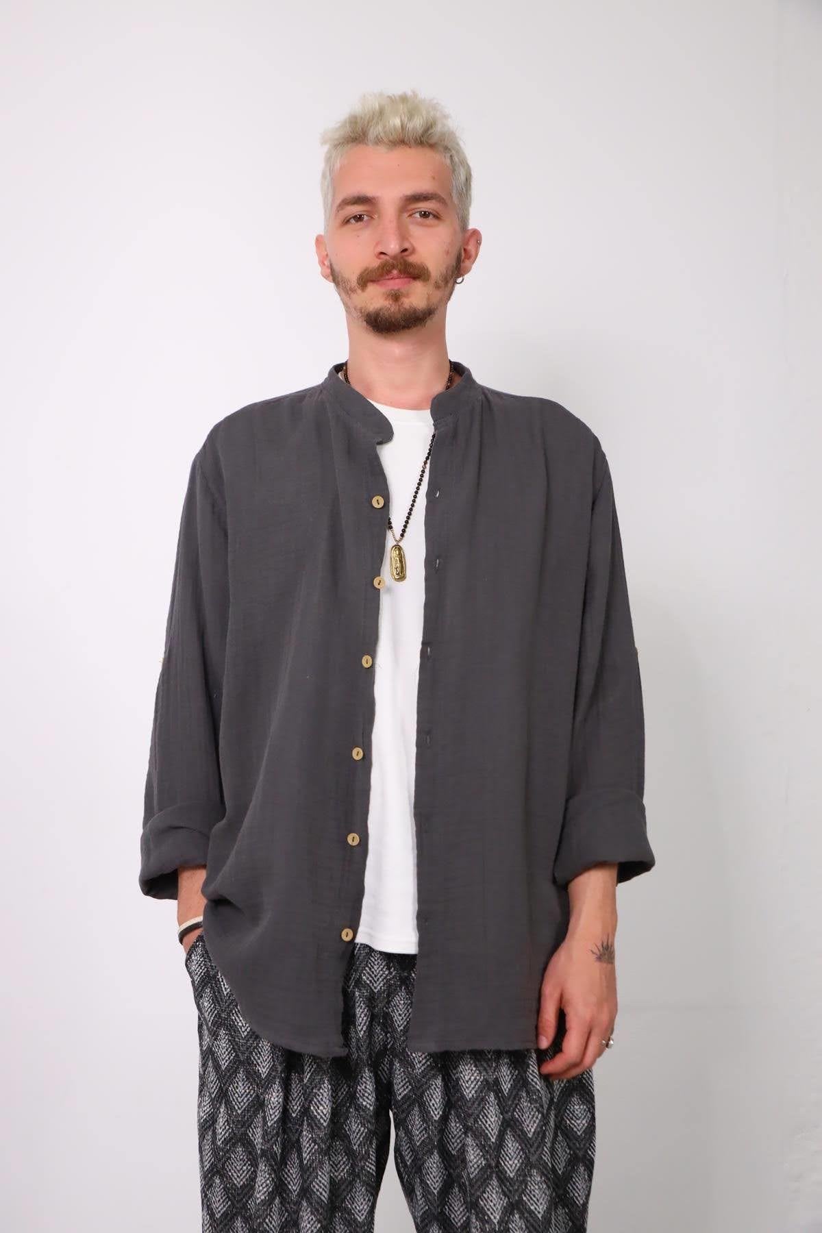Anthracite Mandarin Collar Muslin Shirt