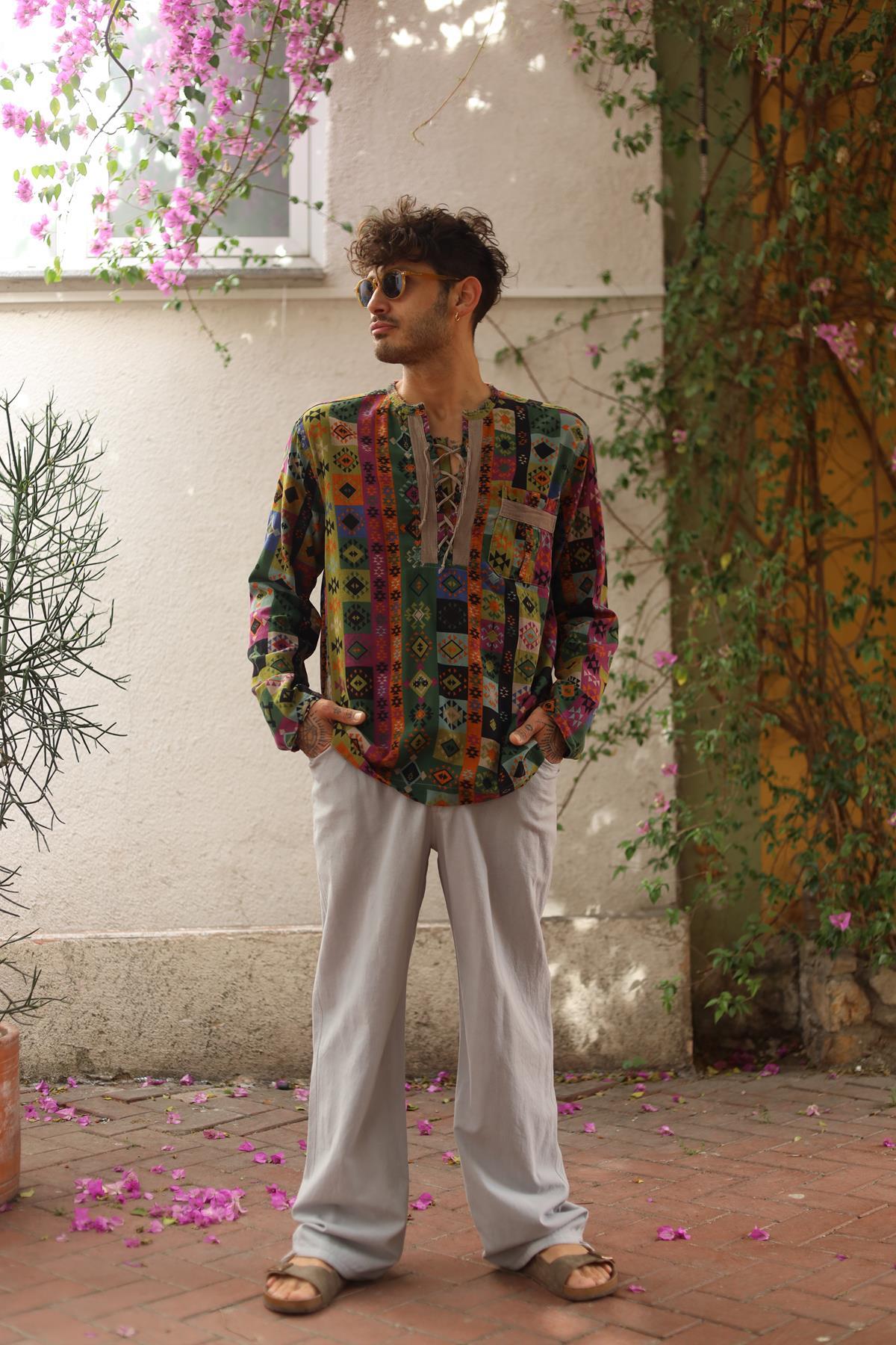 Mink Color Printed Lace-Up Collar Men's Shirt