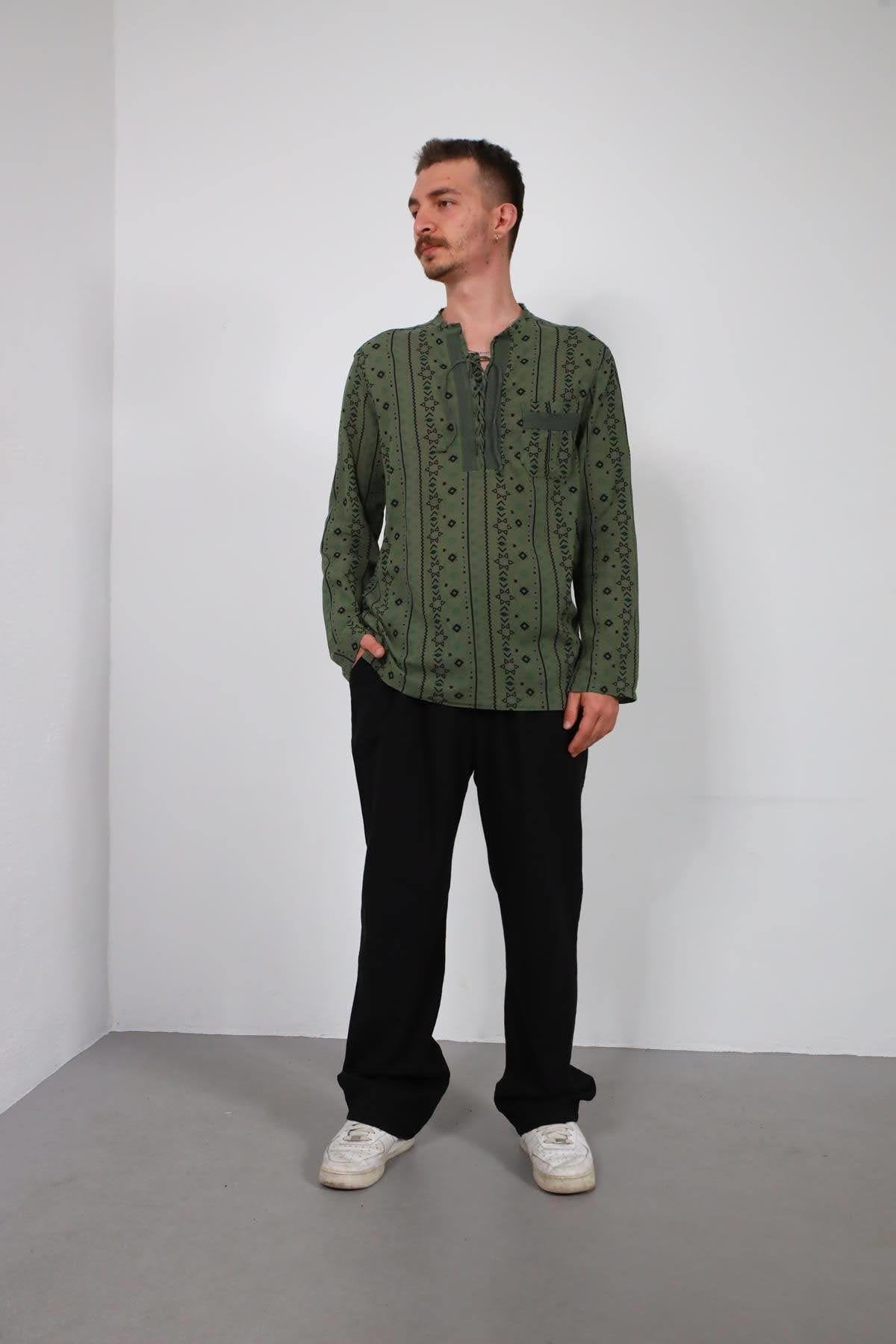 Khaki Lace-Up Collar Printed Men's Shirt