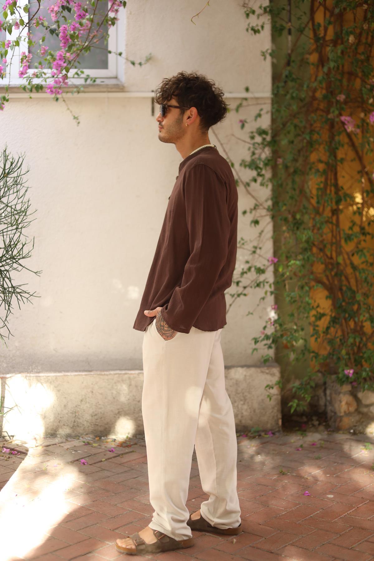 Brown Mandarin Collar Button Detailed Men's Shirt