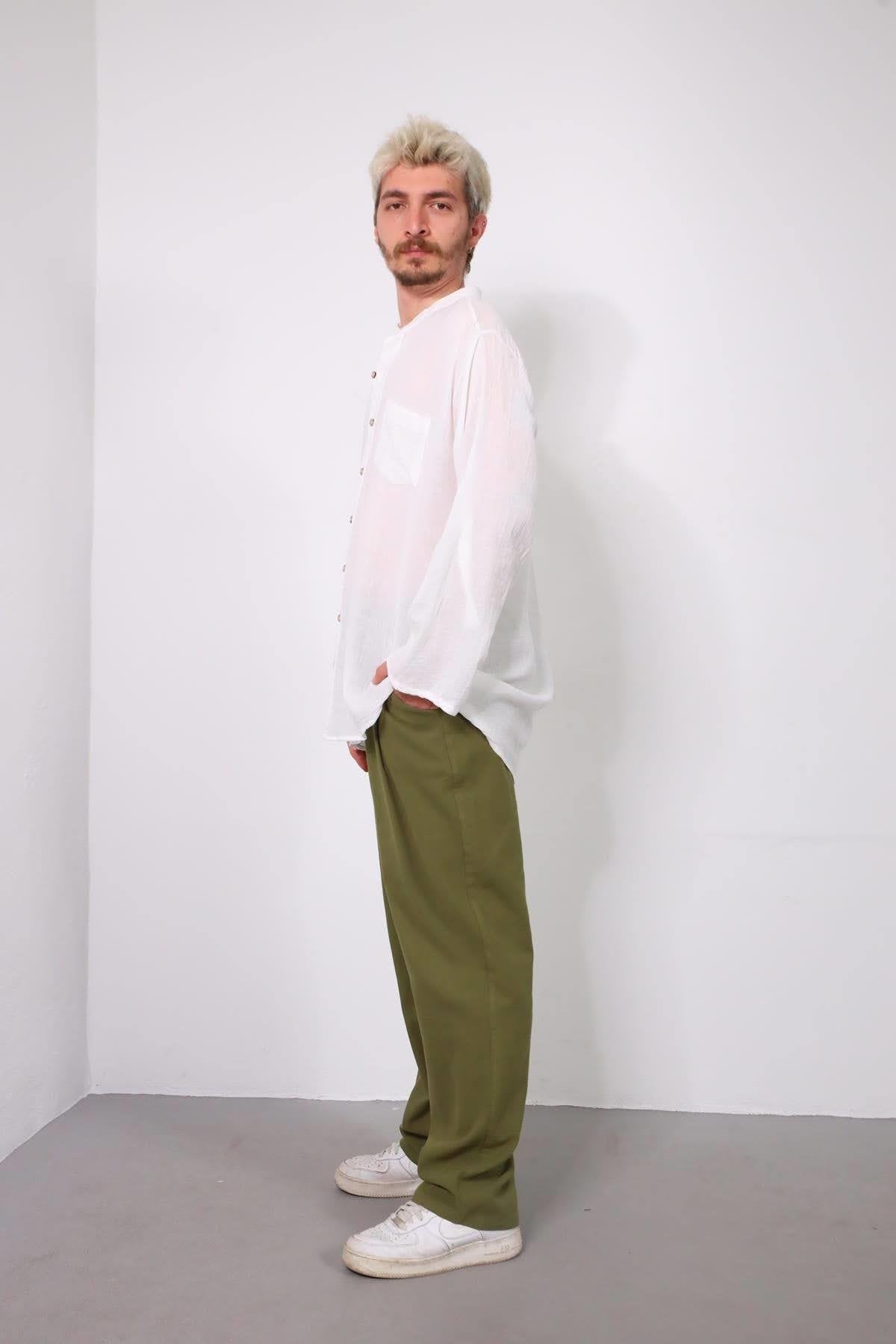 White Mandarin Collar Muslin Men's Shirt