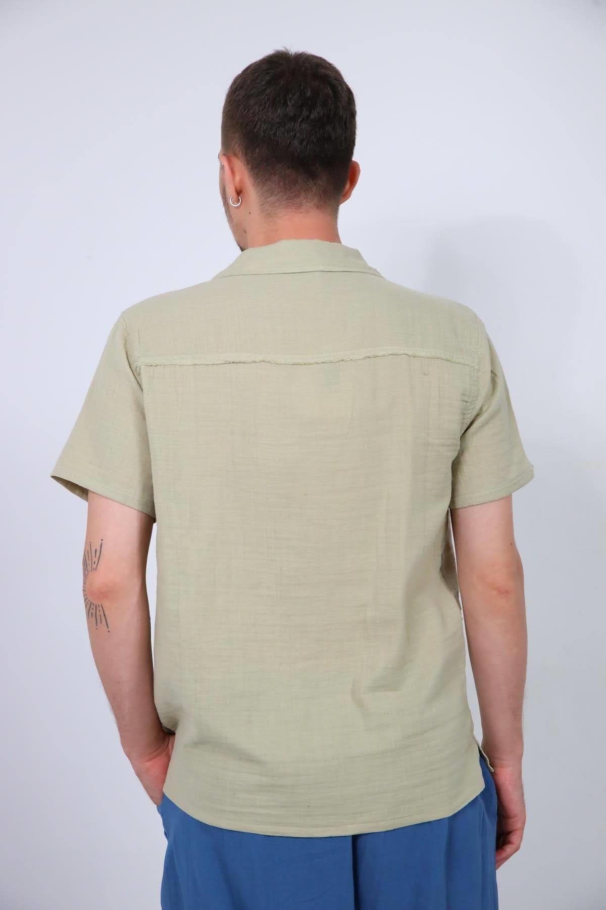 Light Khaki Back Tassel Short Sleeve Men's Shirt