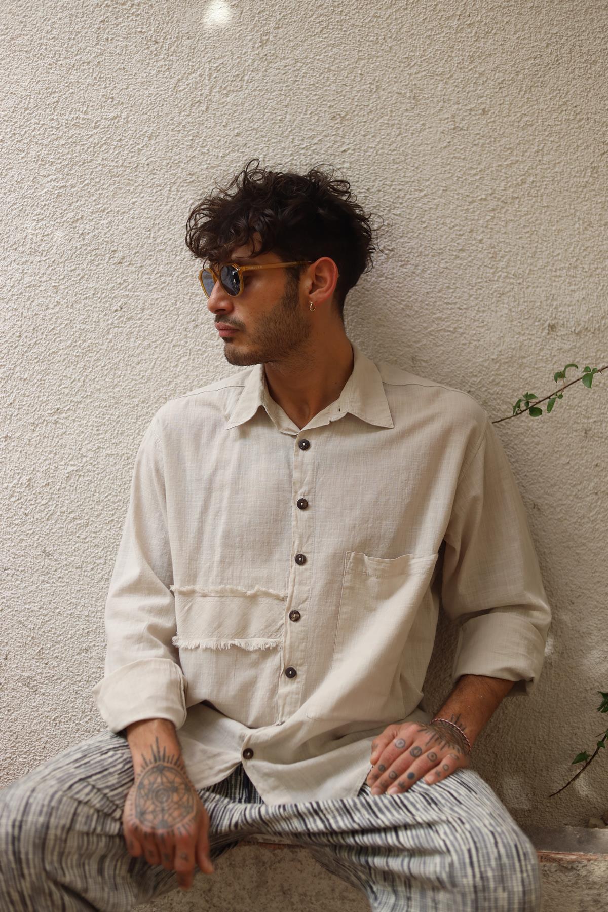 Beige Large Pocket Tasseled Patchwork Men's Shirt