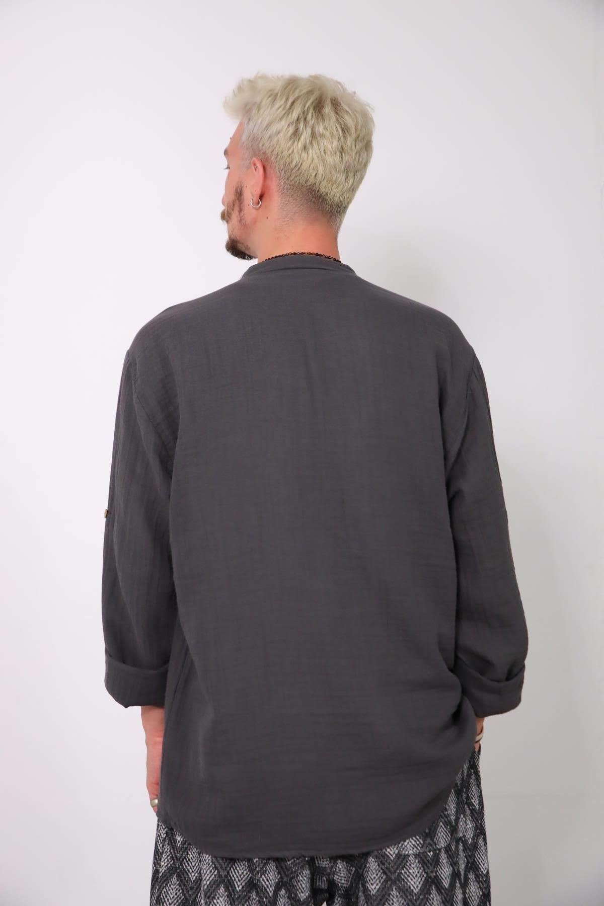 Anthracite Mandarin Collar Muslin Shirt