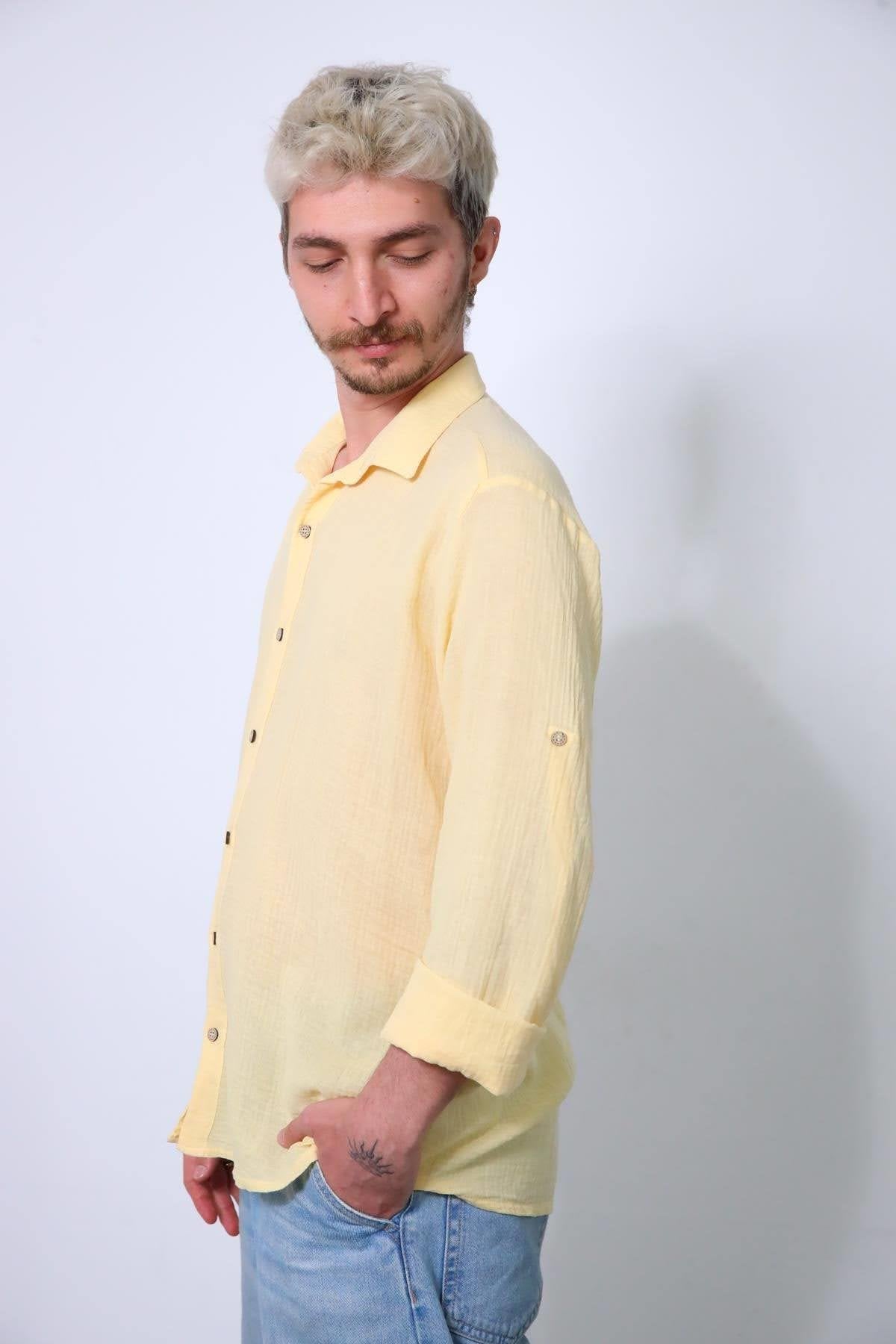 Lemon Yellow Men's Muslin Shirt with Epauletted Sleeves
