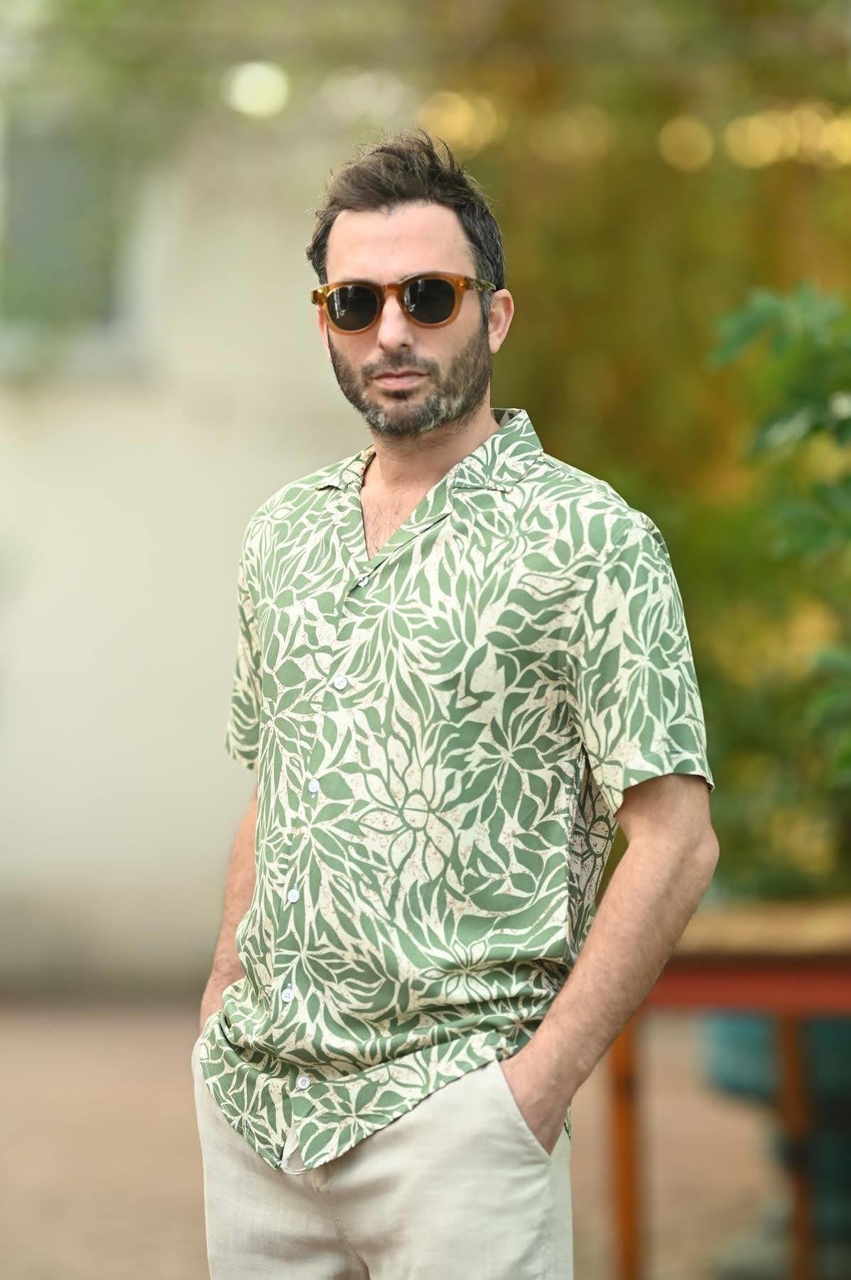 Green Patterned Short Sleeve Men's Shirt
