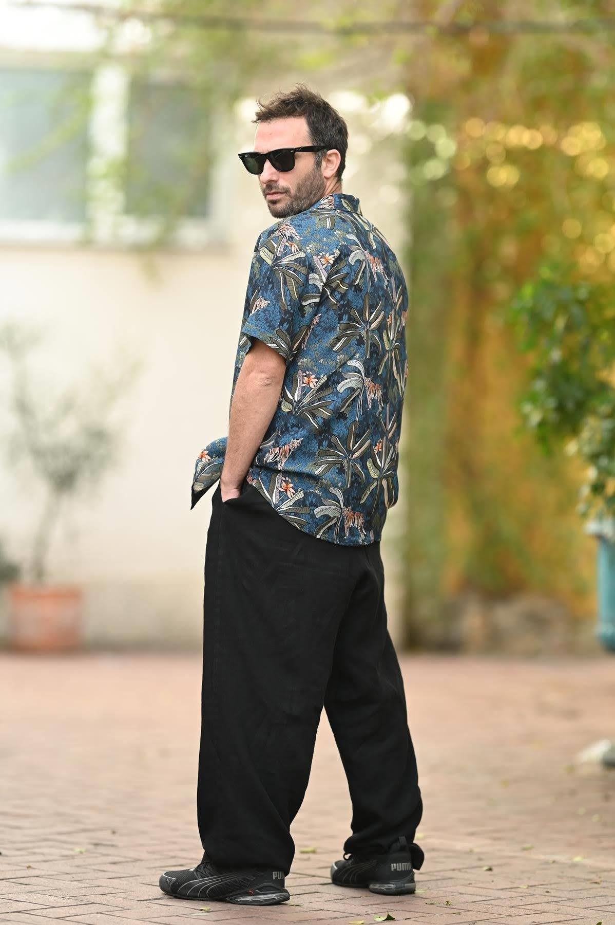 Indigo Blue Patterned Short Sleeve Men's Shirt