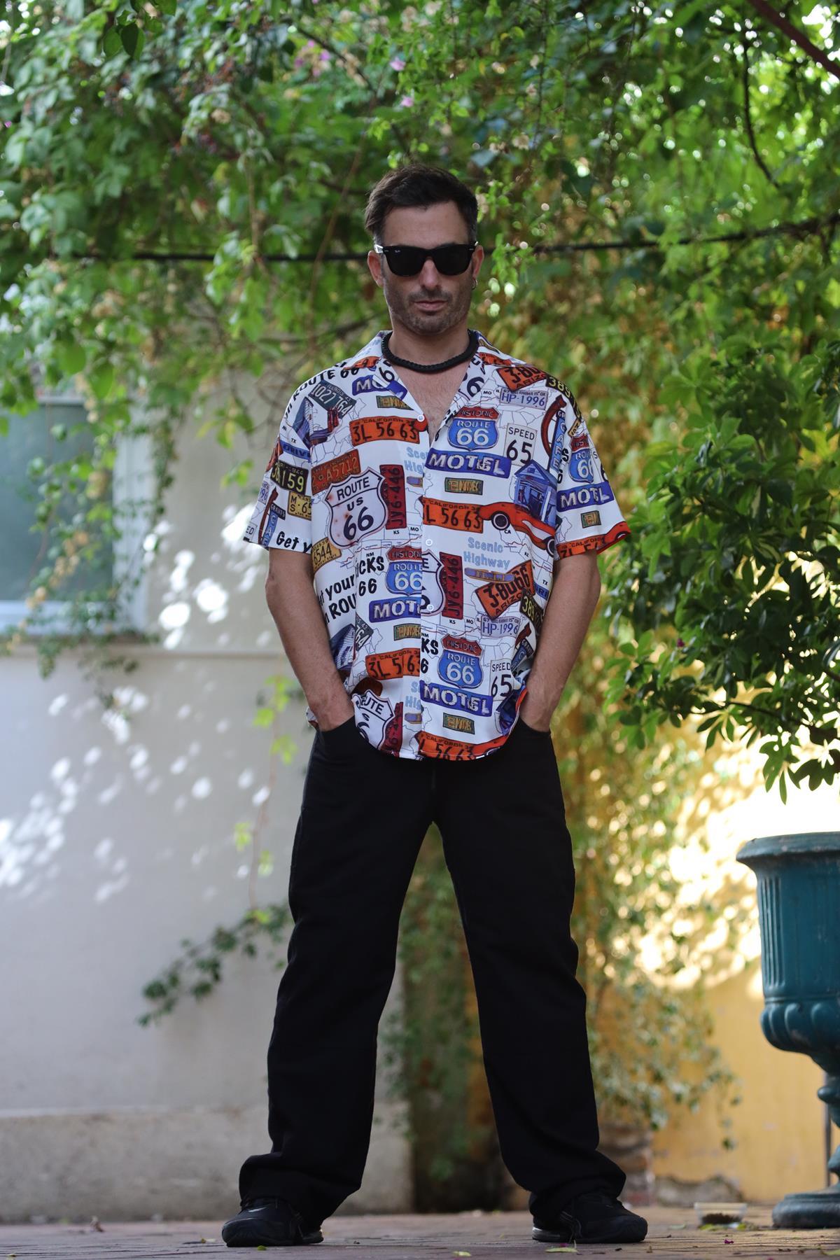 White Patterned Short Sleeve Men's Shirt