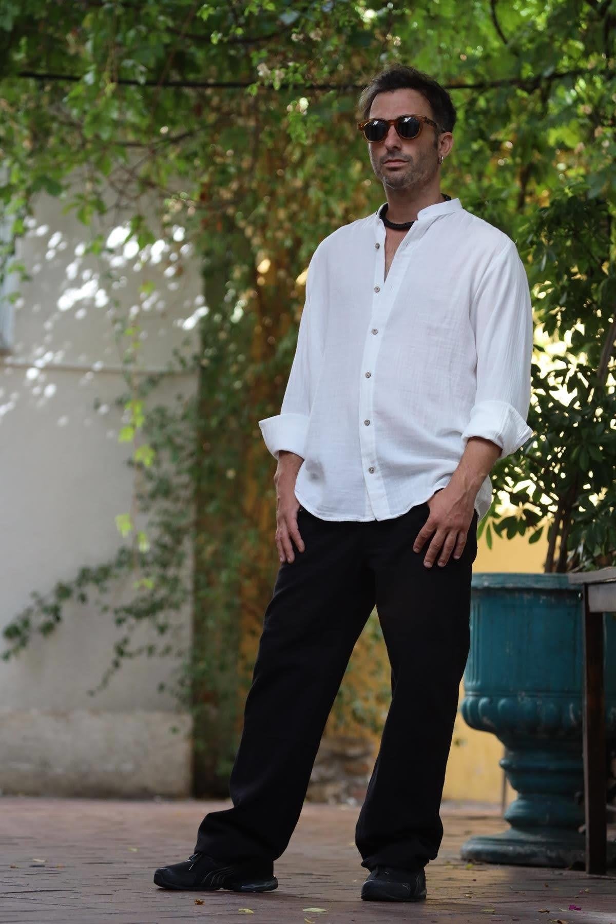 White Mandarin Collar Muslin Men's Shirt