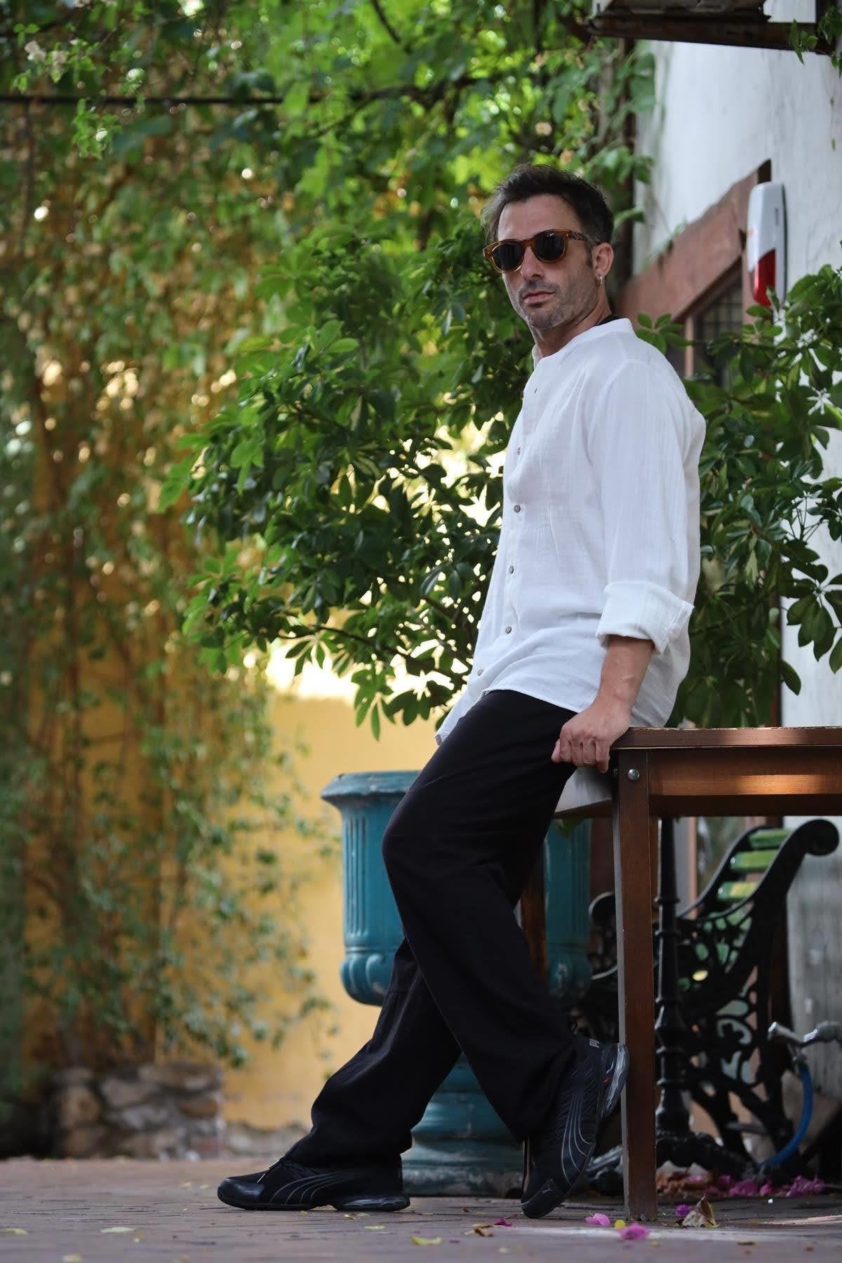 White Mandarin Collar Muslin Men's Shirt