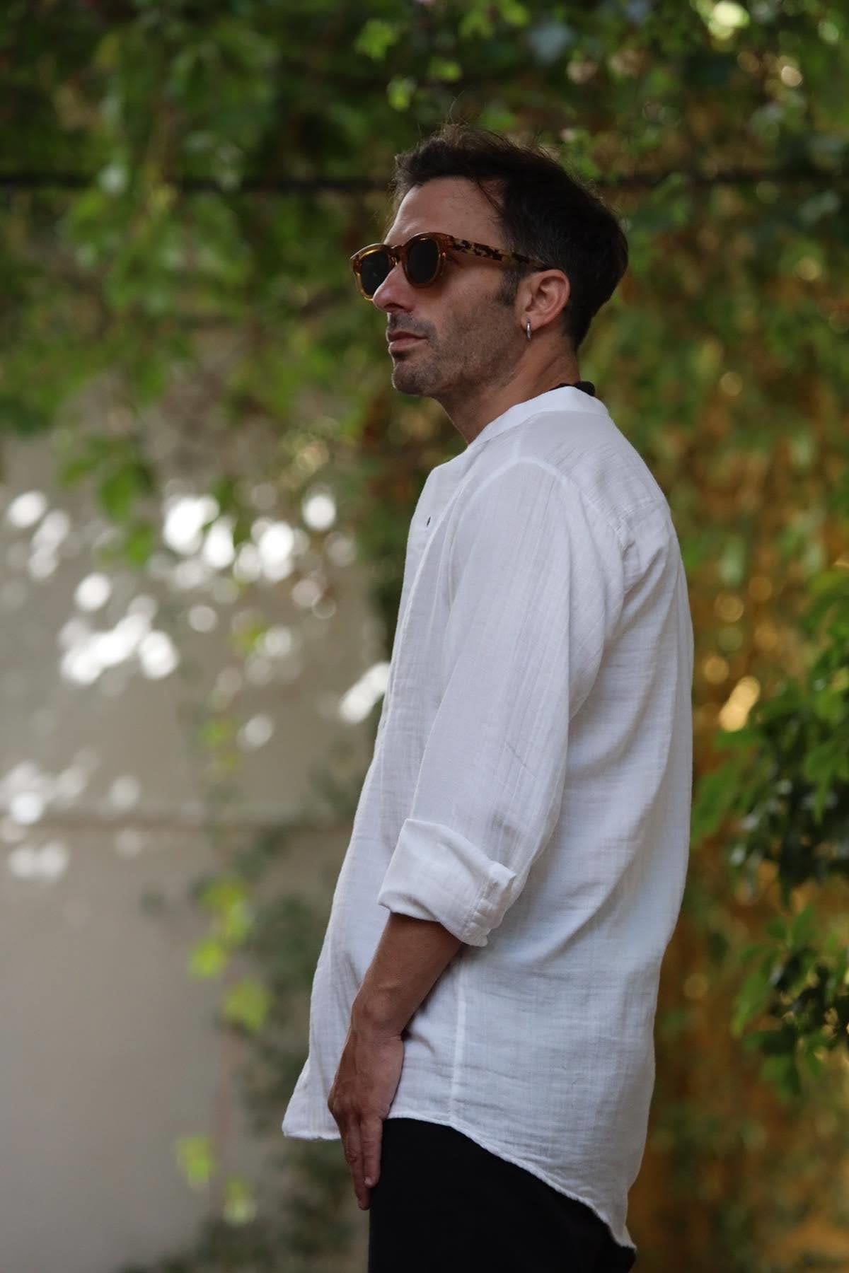 White Mandarin Collar Muslin Men's Shirt