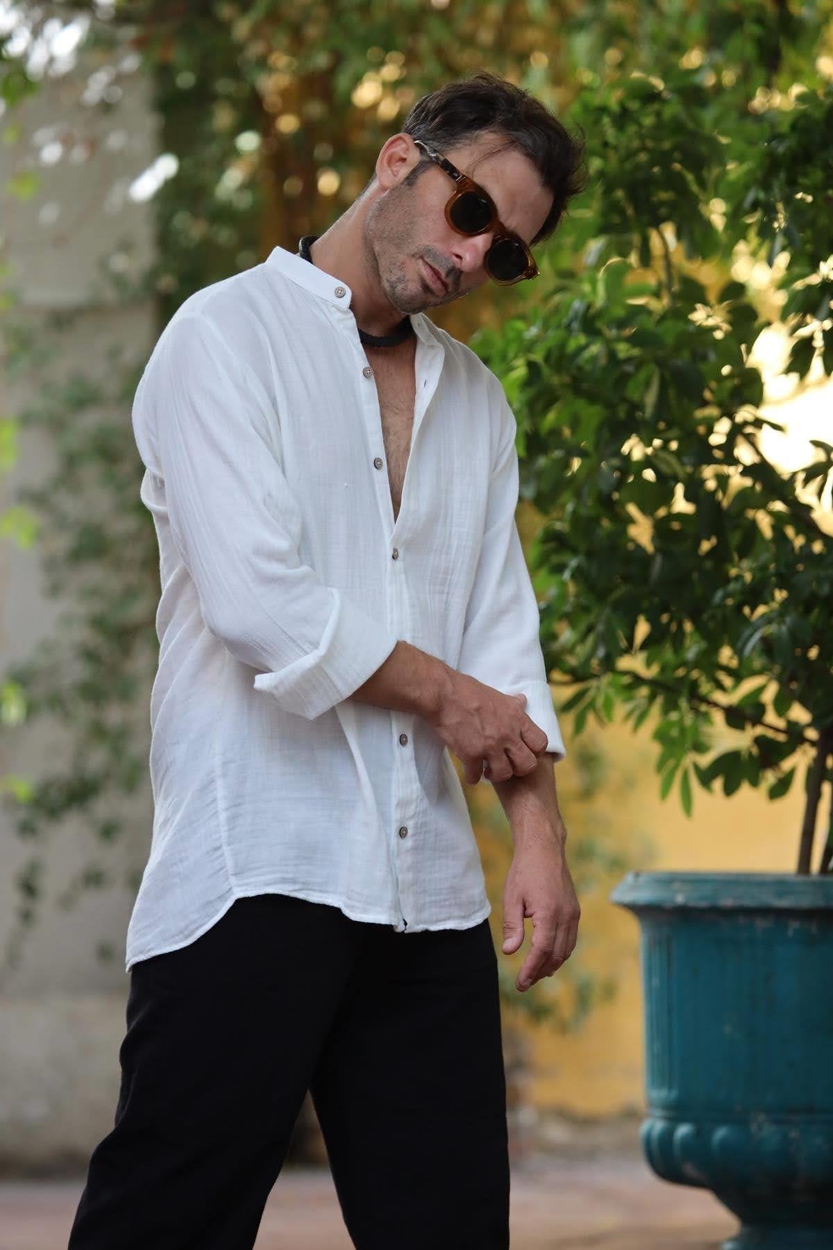 White Mandarin Collar Muslin Men's Shirt