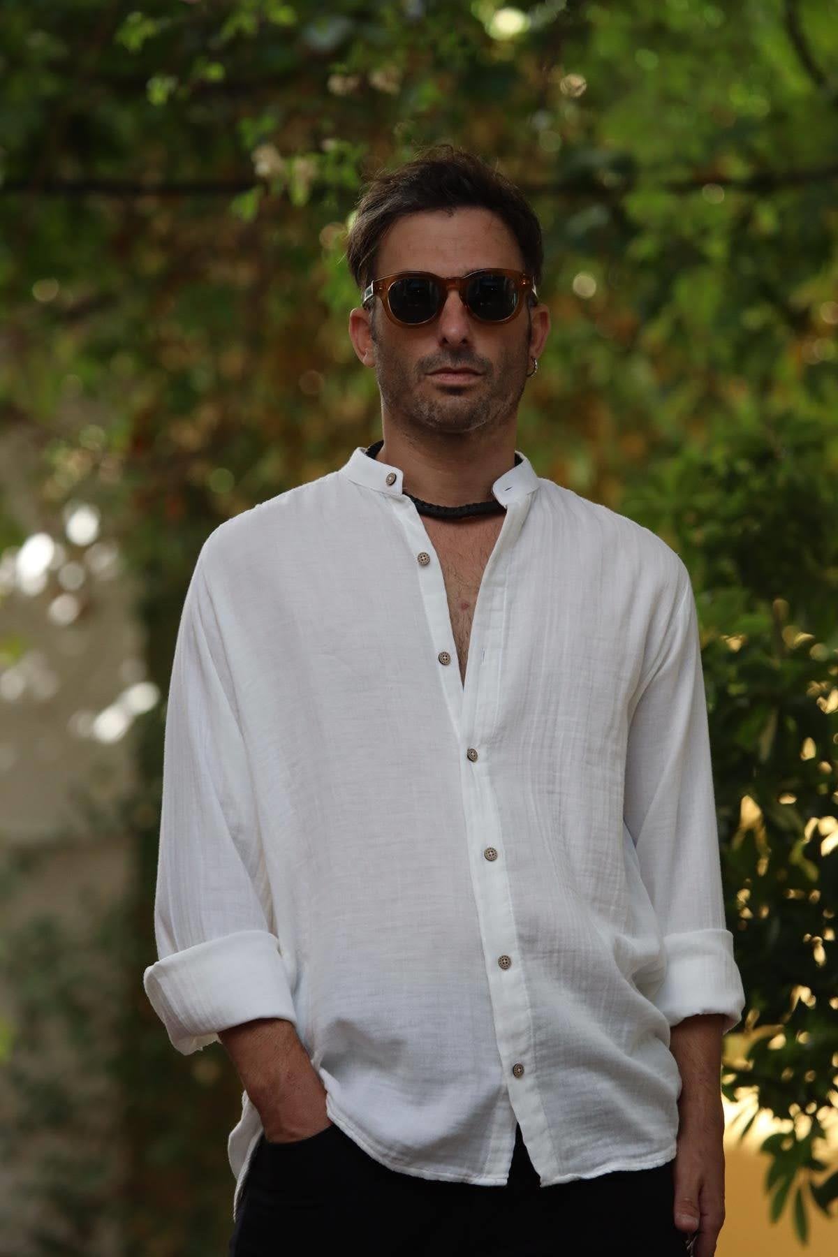 White Mandarin Collar Muslin Men's Shirt