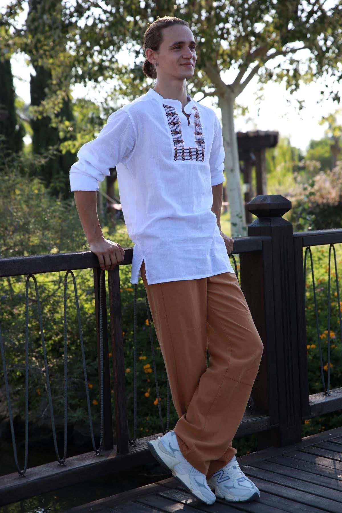 White Mandarin Collar Cotton Shirt with Embroidered Detail