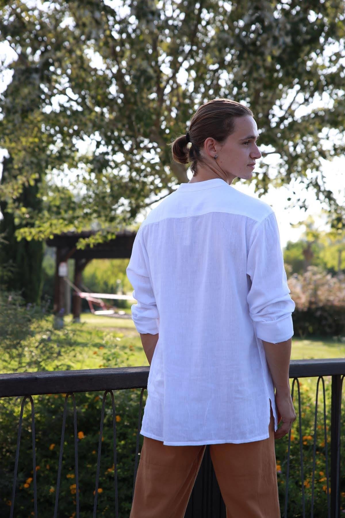 White Mandarin Collar Cotton Shirt with Embroidered Detail