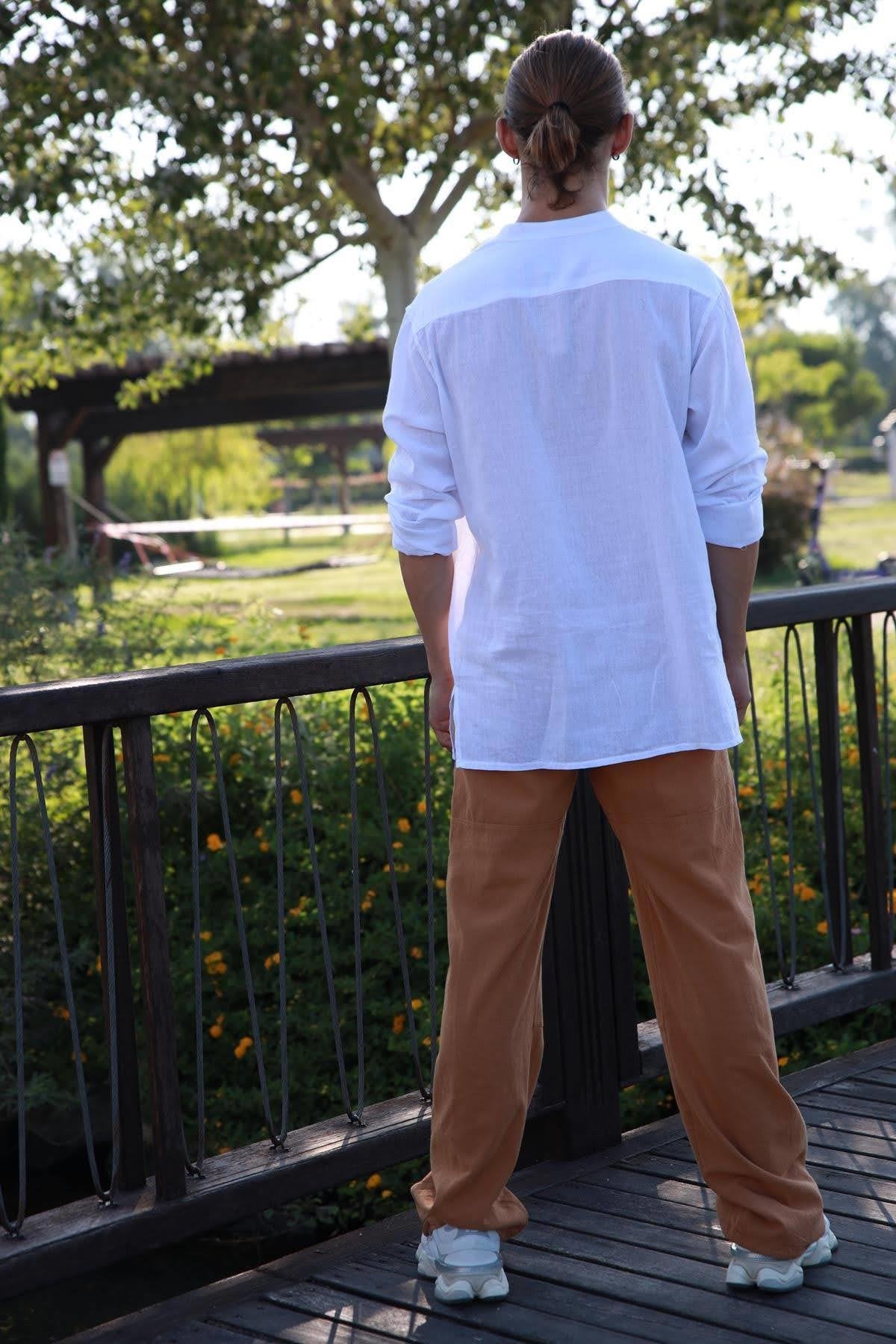 White Mandarin Collar Cotton Shirt with Embroidered Detail