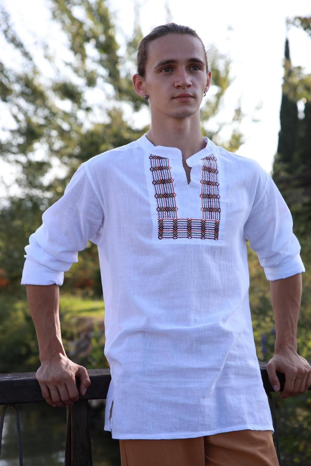White Mandarin Collar Cotton Shirt with Embroidered Detail