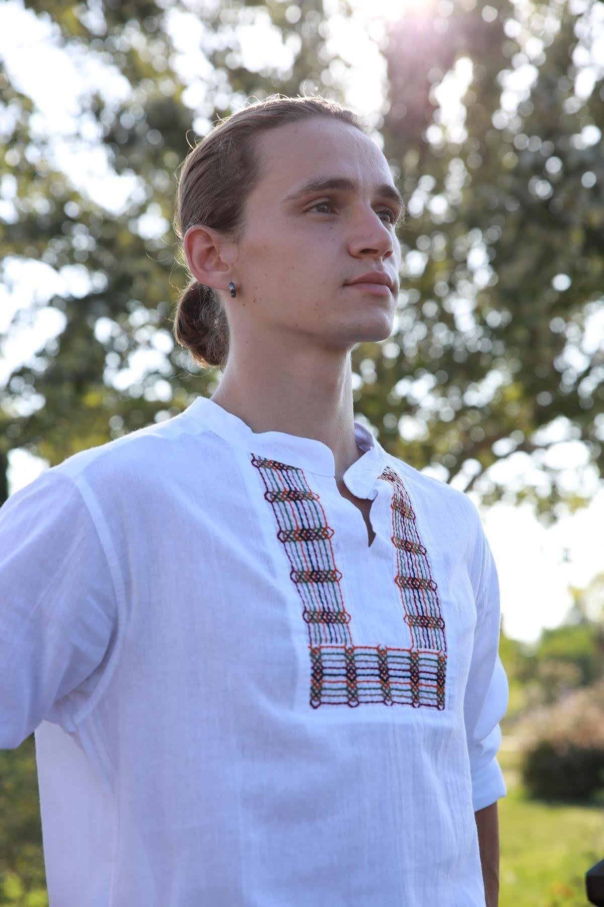 White Mandarin Collar Cotton Shirt with Embroidered Detail