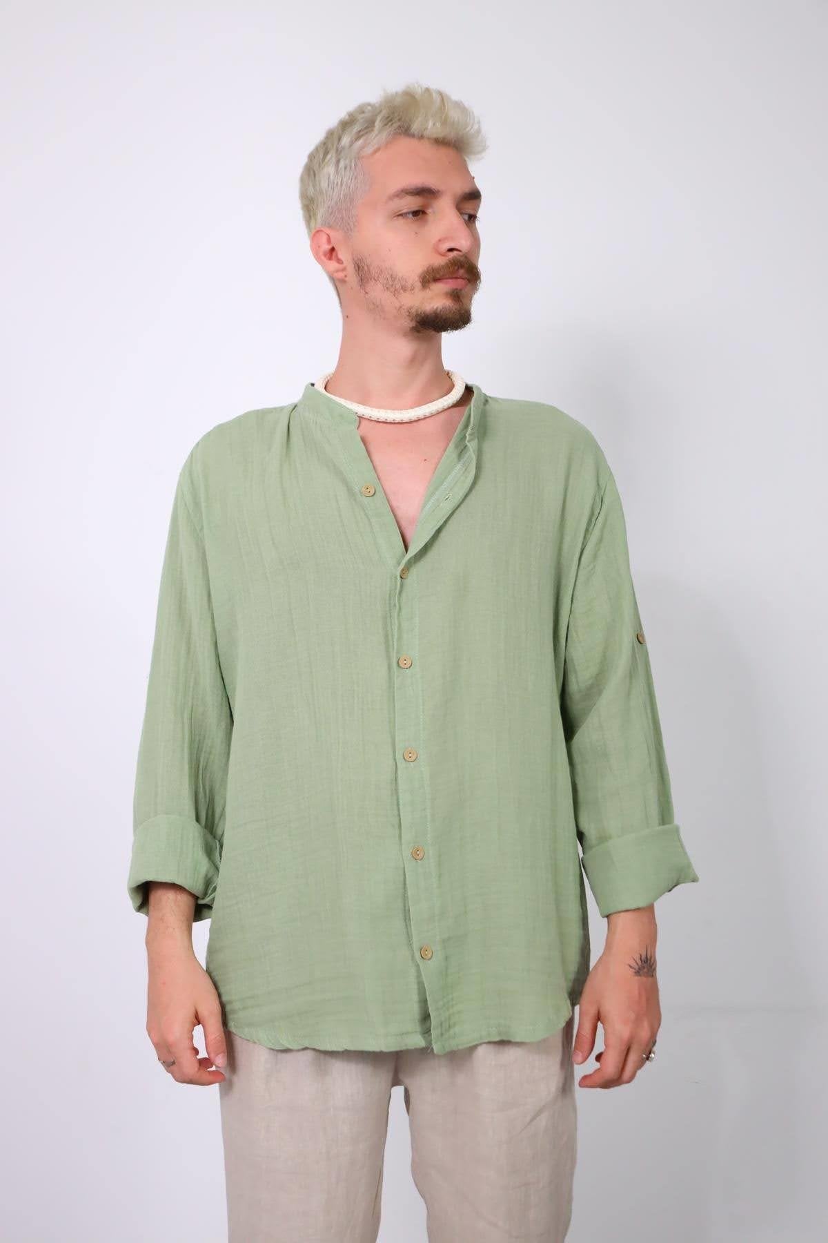 Mint Green Mandarin Collar Muslin Shirt