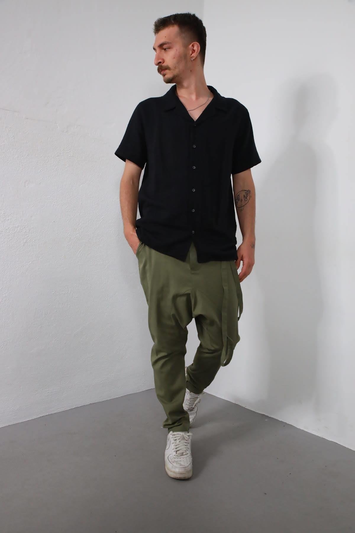 Black Back Tassel Short Sleeve Men's Shirt