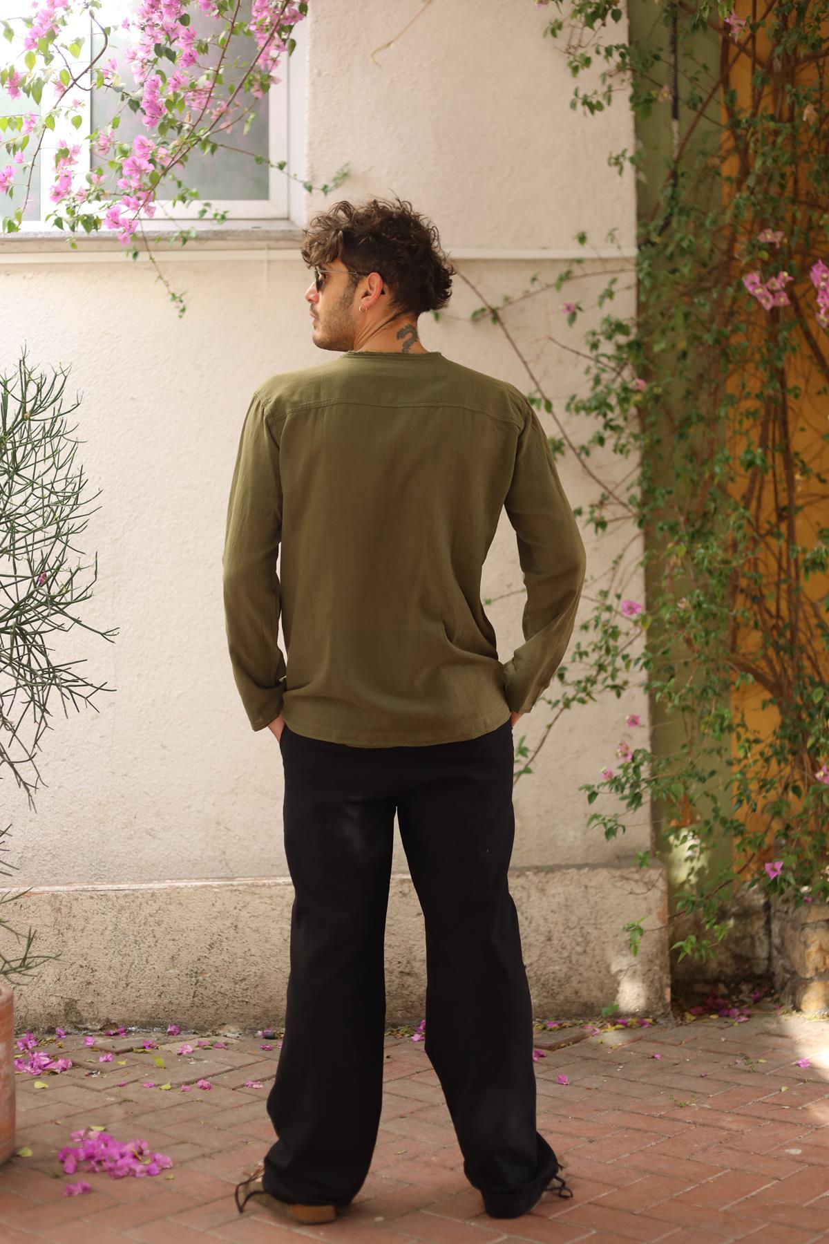 Khaki Lace-Up Bohemian Men's Shirt