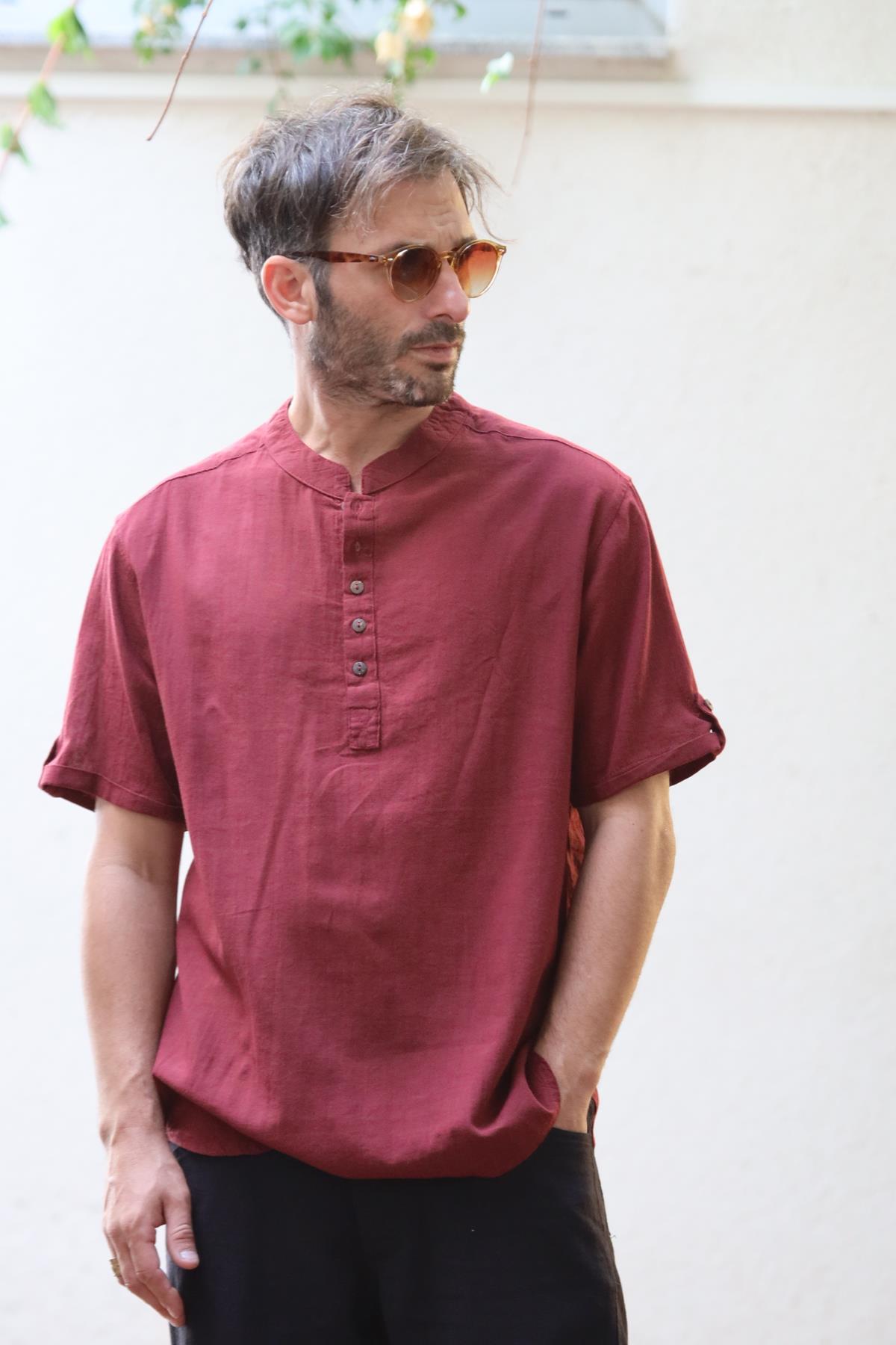 Burgundy Buttoned Short-Sleeved Mandarin Collar Men's Shirt
