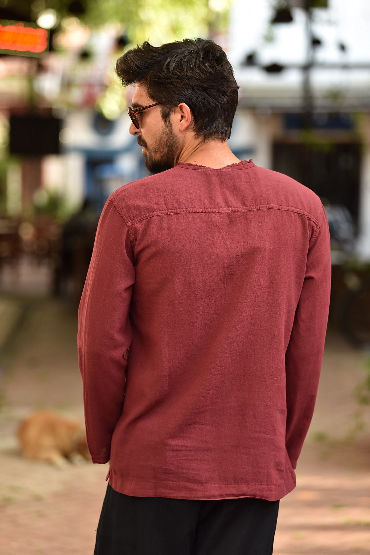 Burgundy Bohemian Men's Shirt with Lace-up Collar