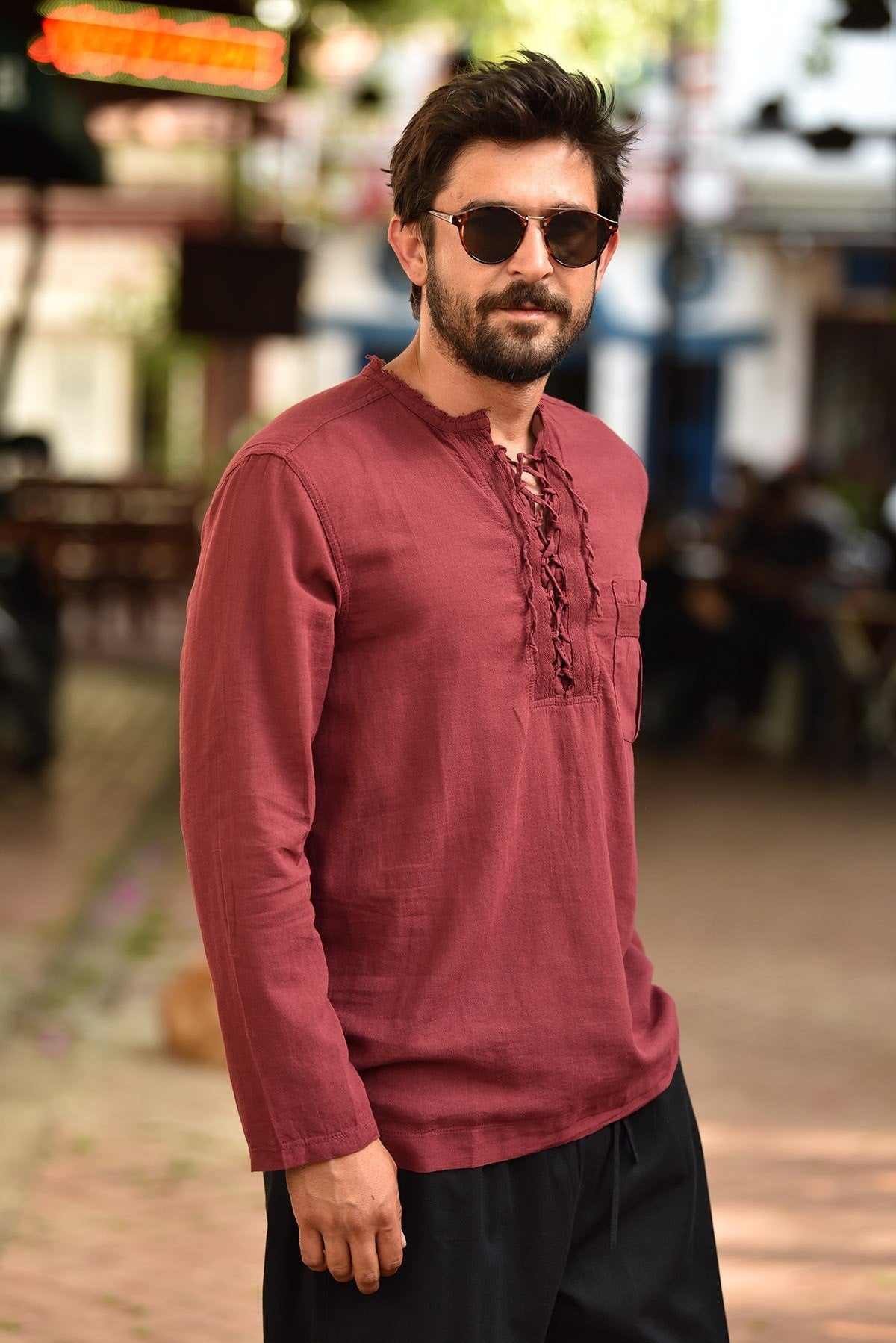 Burgundy Bohemian Men's Shirt with Lace-up Collar