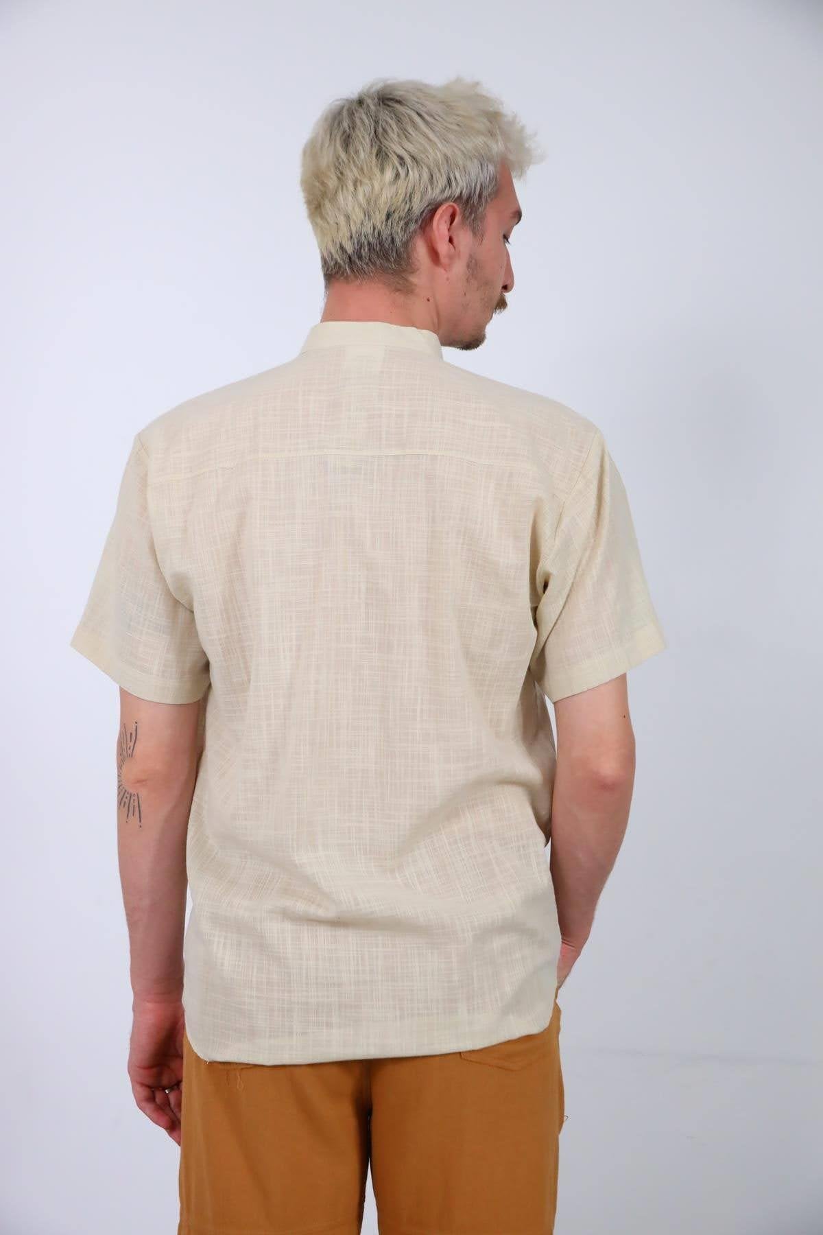 Cream Colored Stand Collar Short Sleeve Men's Shirt