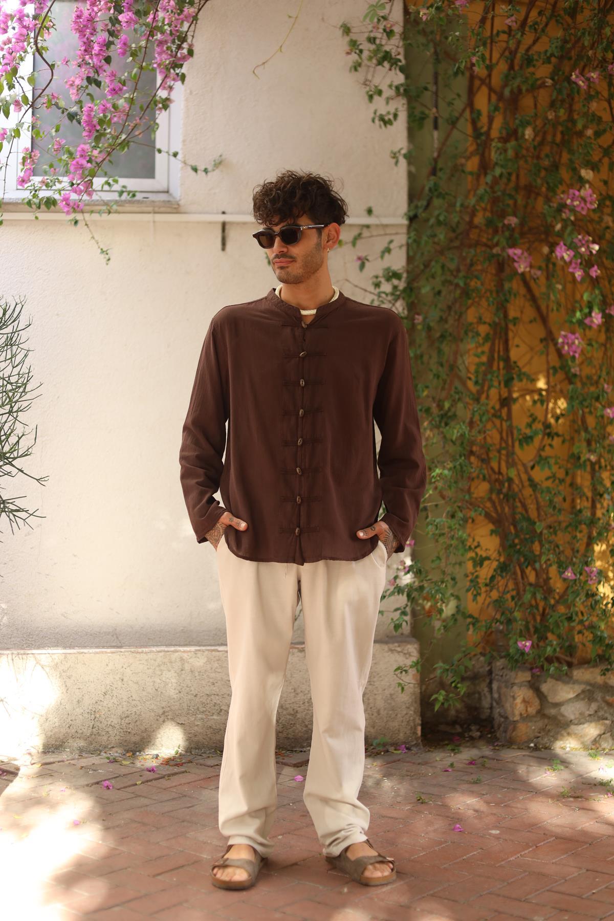 Brown Mandarin Collar Button Detailed Men's Shirt