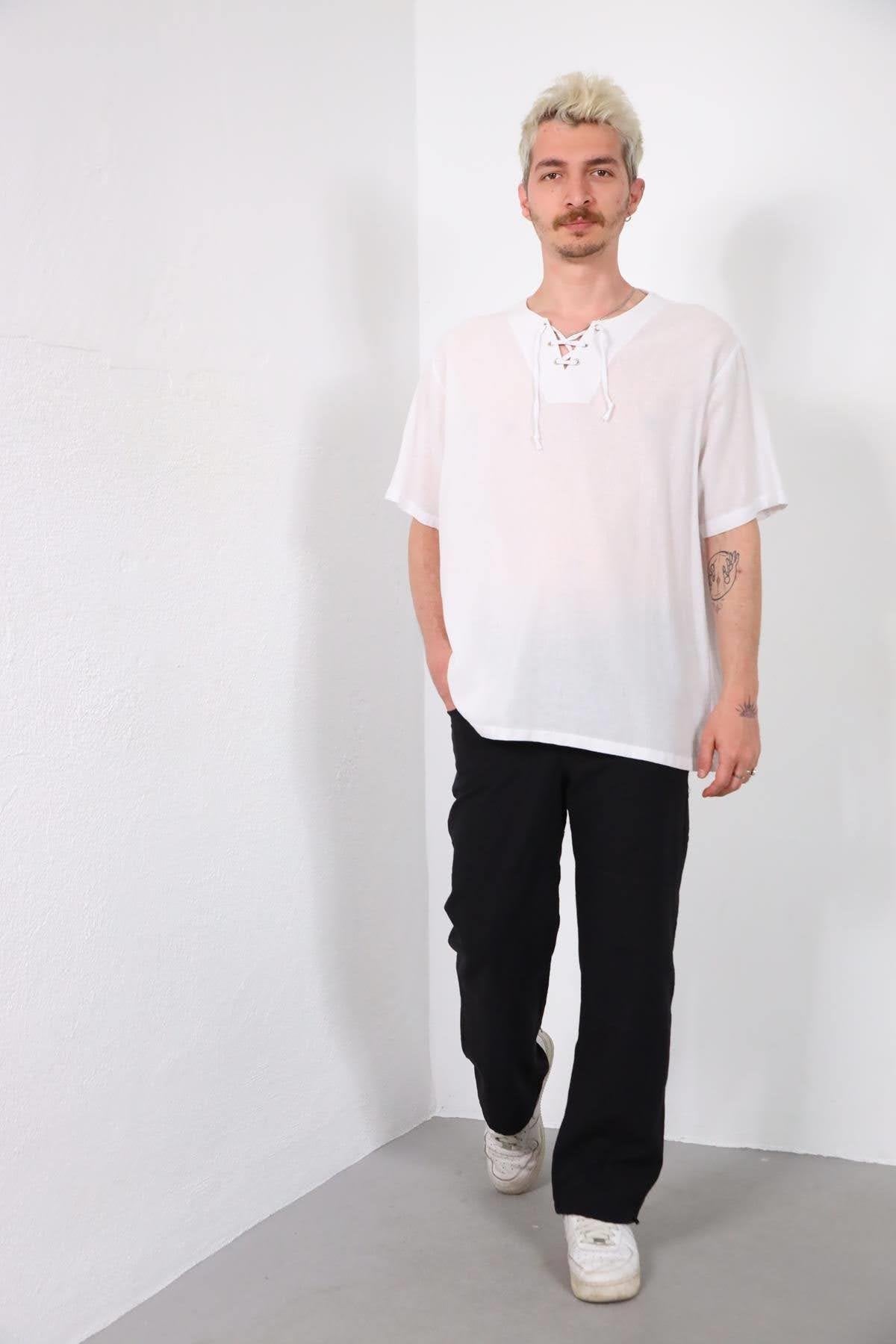 White Tie-Neck Short Sleeve Men's Shirt