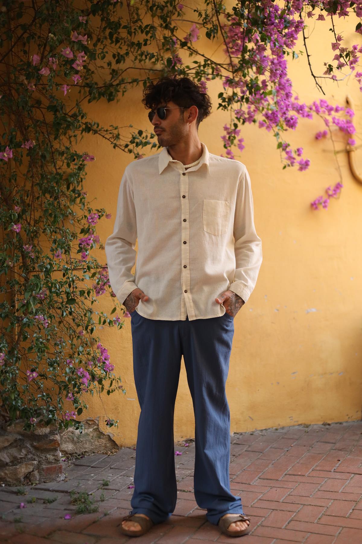 Cream Colored Stitched Pocket Men's Thomas Shirt