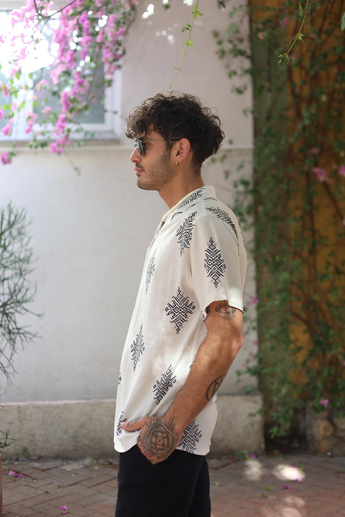 Stone Color Patterned Short Sleeve Men's Shirt