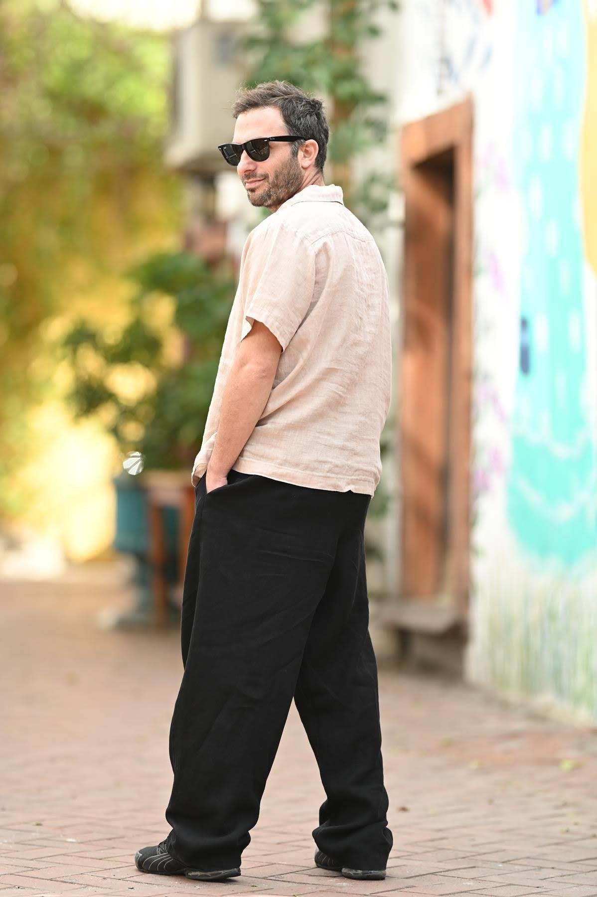 Beige Blazer Collar Short Sleeve Linen Men's Shirt