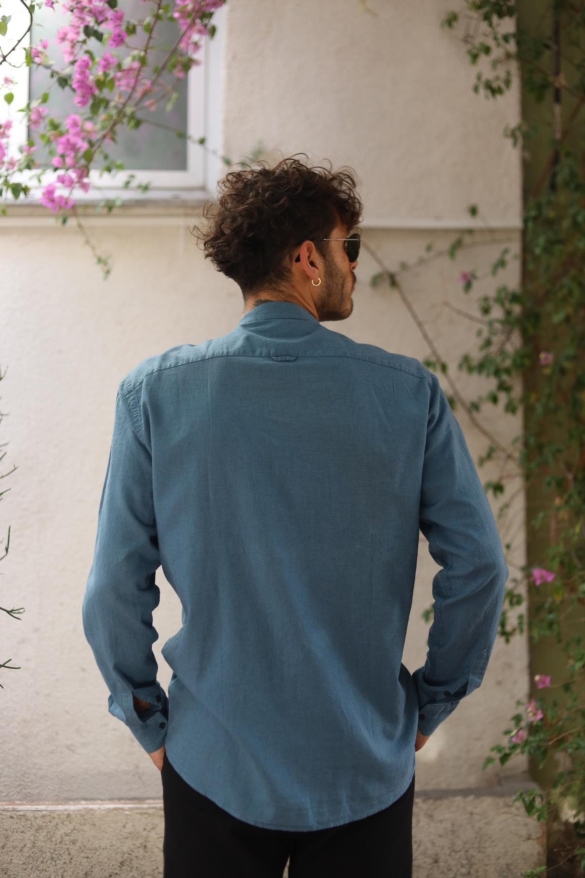 Petrol Blue Stand Collar Long Sleeve Men's Linen Shirt