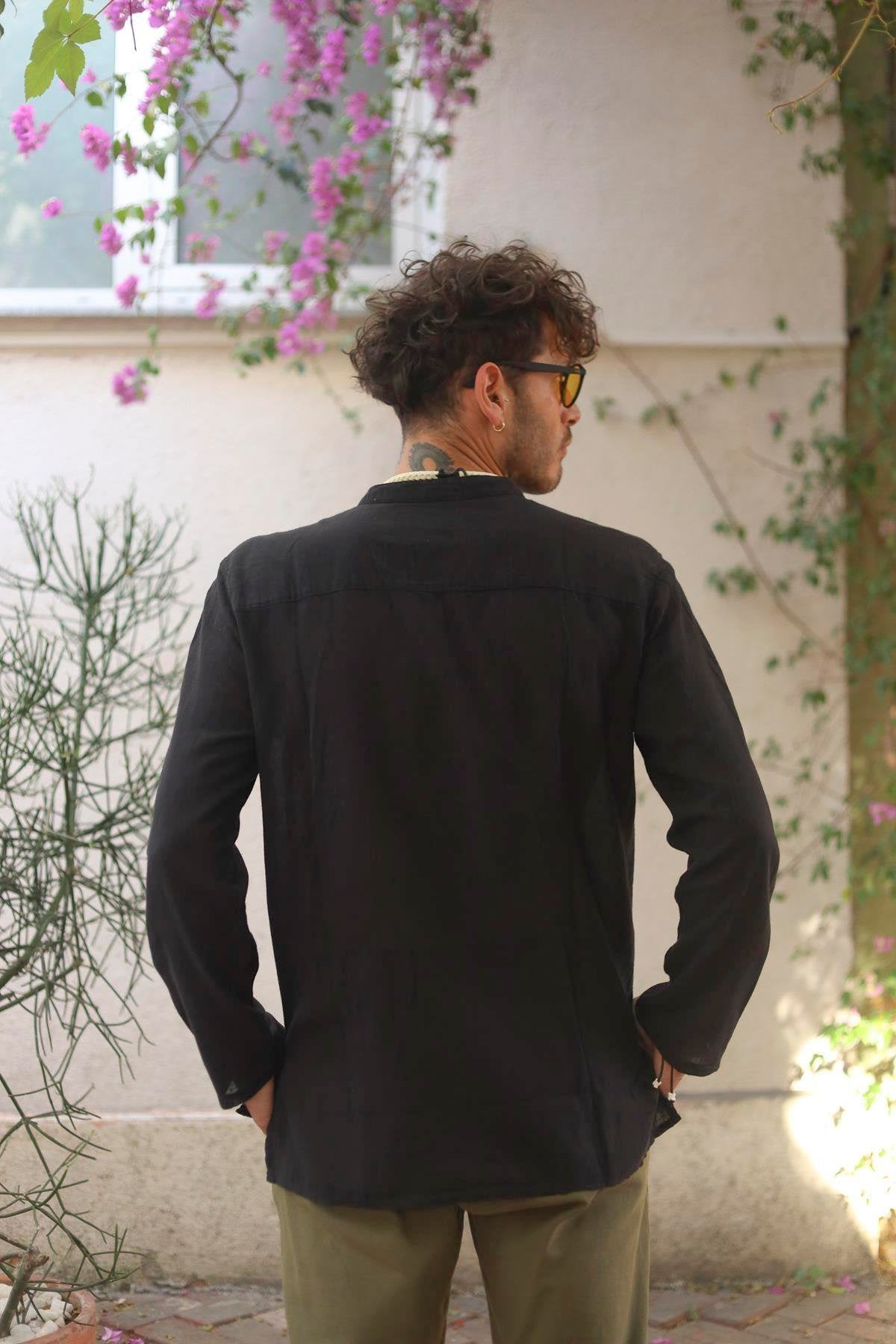 Black Casual Long Sleeve Henley Shirt with Band Collar