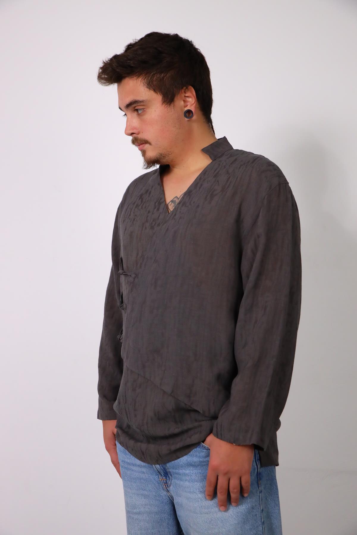 Anthracite Patterned Asymmetrical Linen Shirt