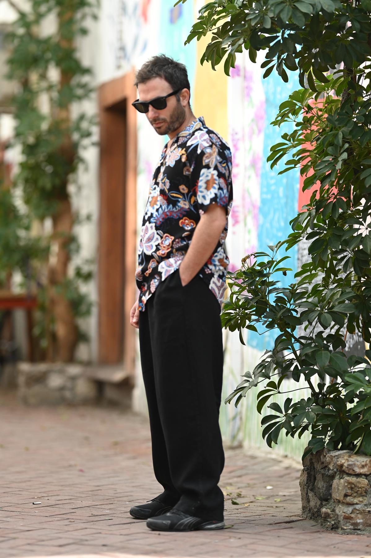 Black Patterned Short Sleeve Men's Shirt