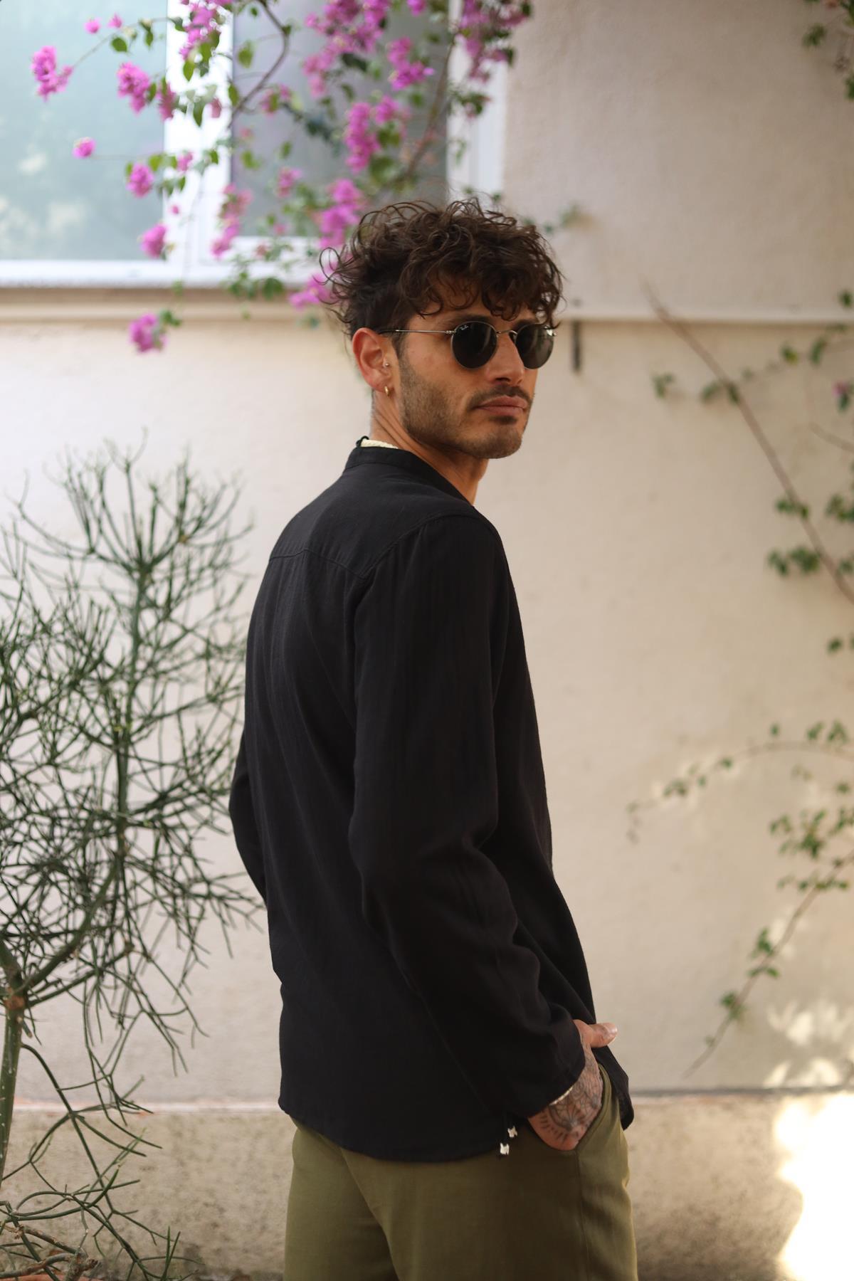 Men's Black Mandarin Collar Linen Blend Shirt - Long Sleeve