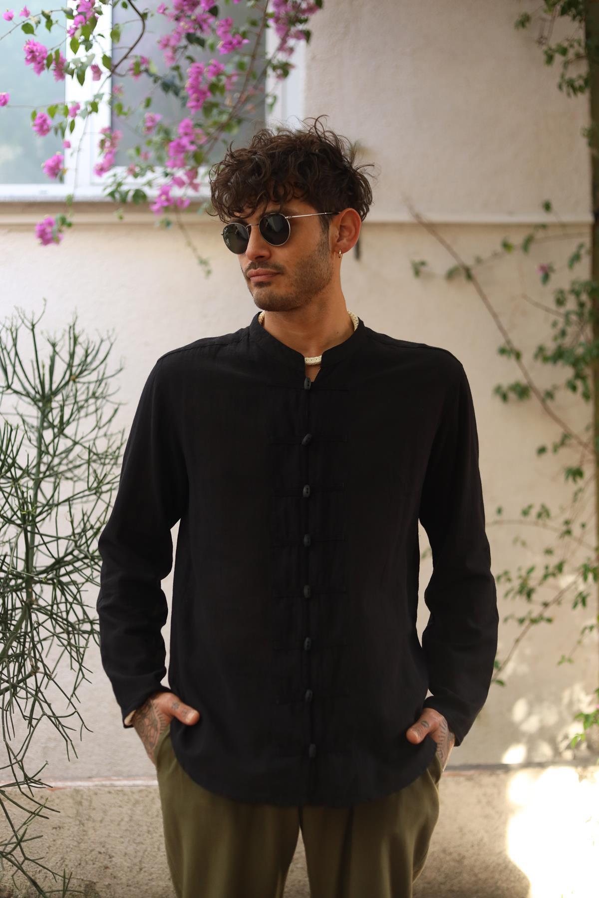 Men's Black Mandarin Collar Linen Blend Shirt - Long Sleeve