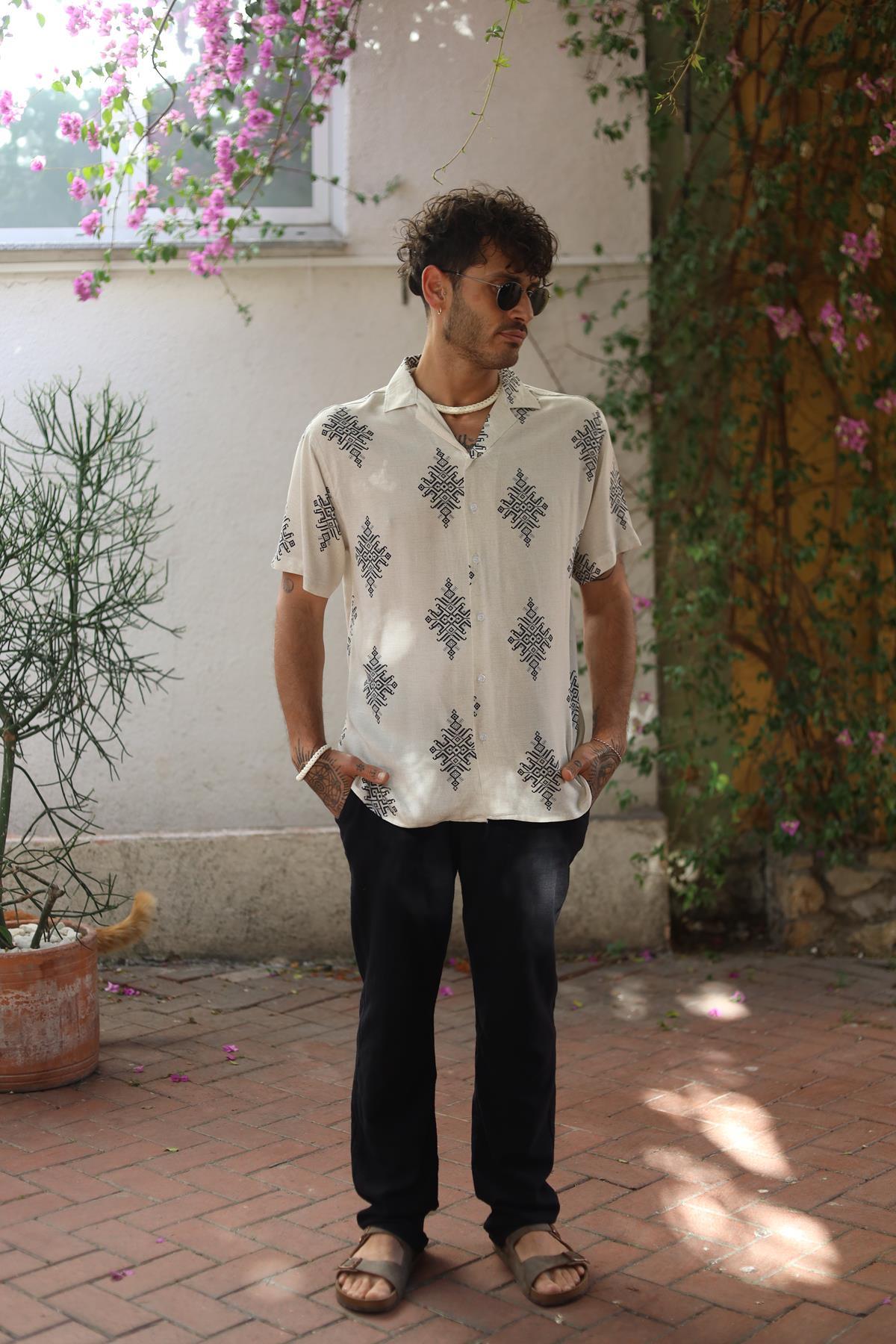 Stone Color Patterned Short Sleeve Men's Shirt